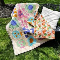 Handmade Patchwork Quilt, Flowers and Ladybugs, Modern Spring Throw, 58 X 68