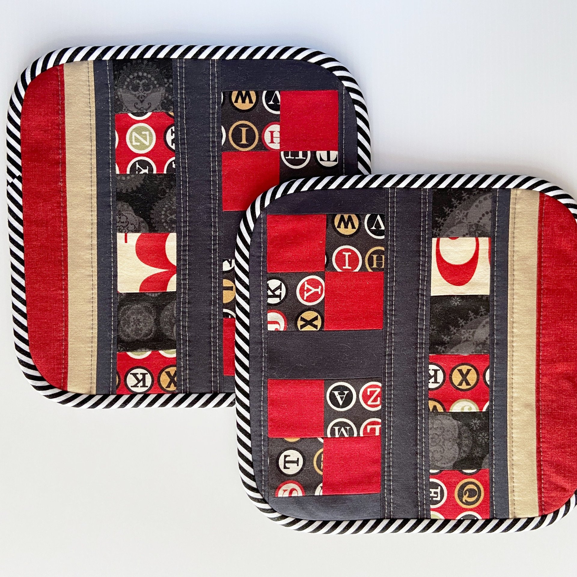 Handmade Quilted Potholder Set, Retro Typewriter Fabric, Kitchen Hot Pads