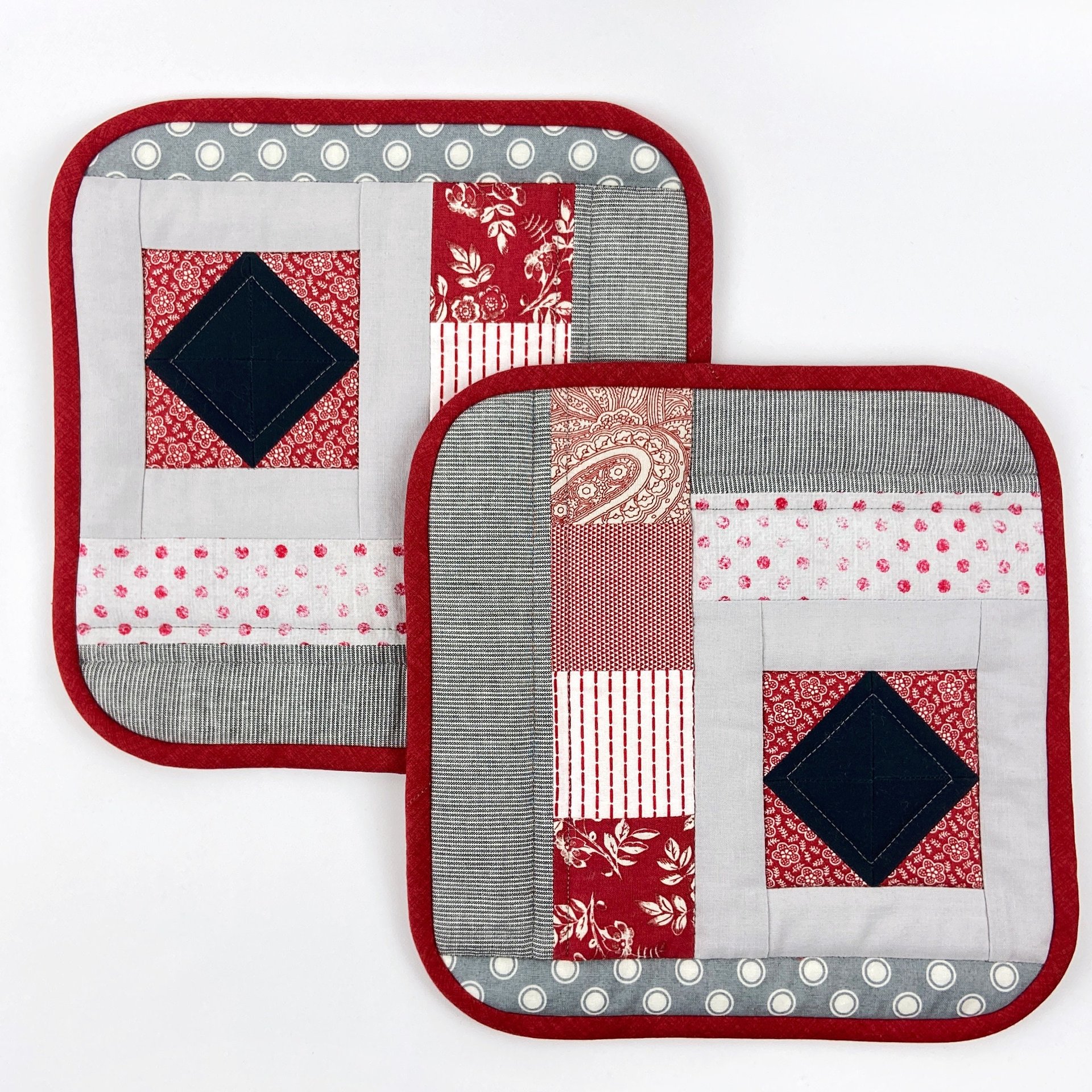 Red and Gray Quilted Potholder Set, Handmade Hot Pads