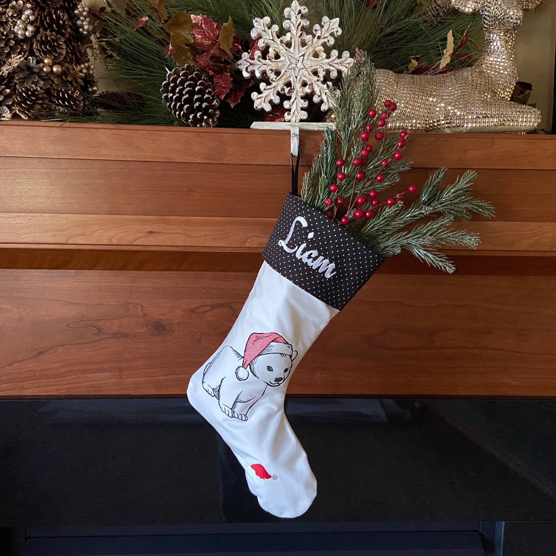 Personalized Christmas Stocking, Embroidered with Bear in Santa Hat and Your Choice of Name