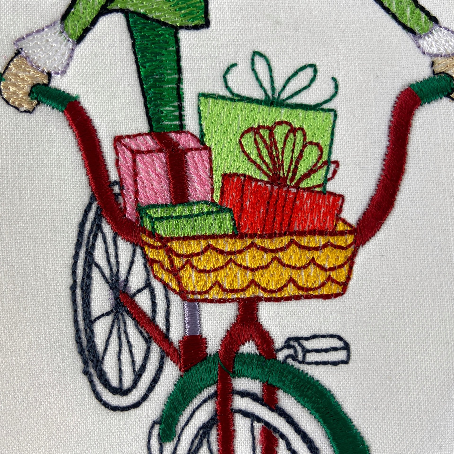 Personalized Christmas Stocking, Embroidered Elf on Bike, Handmade Cotton