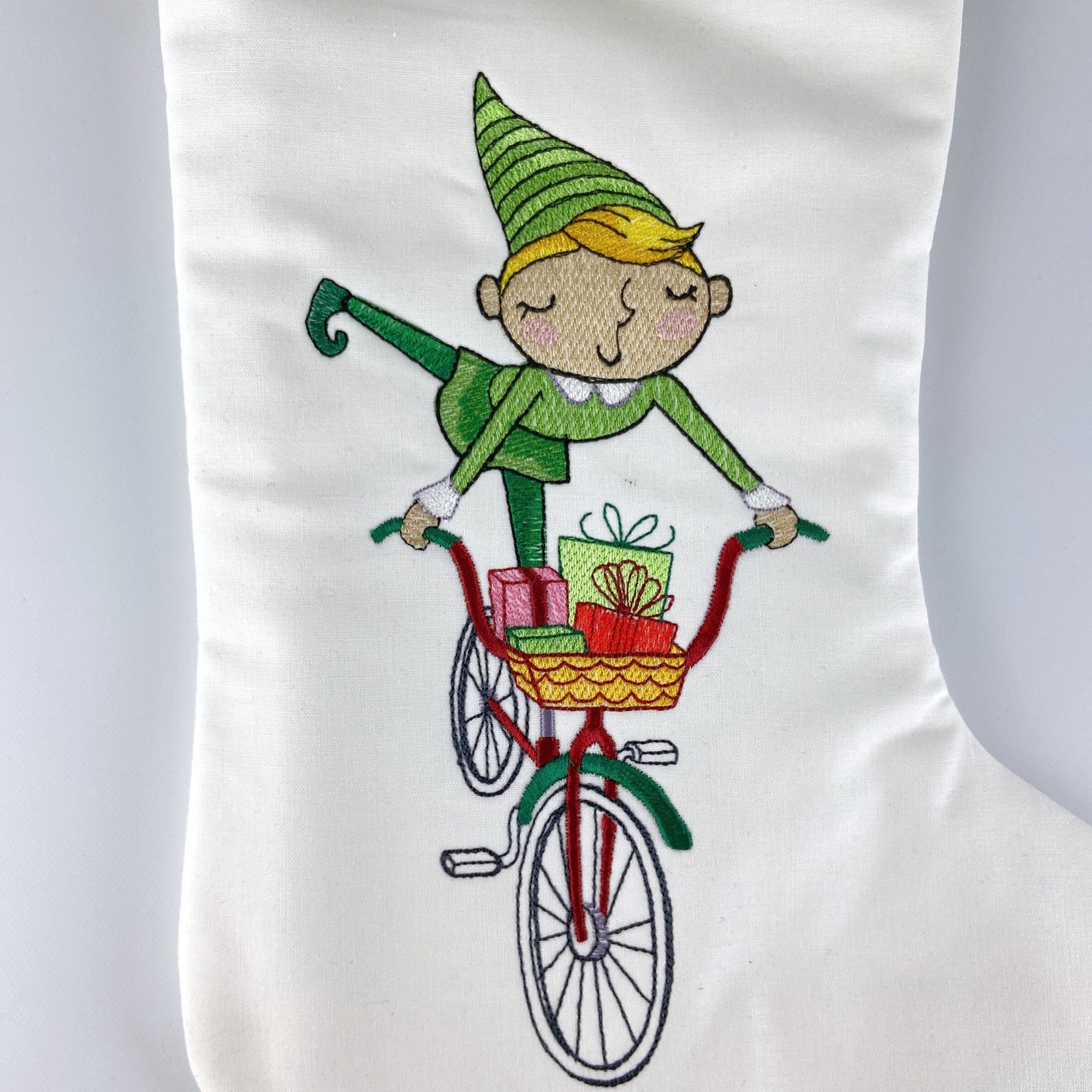 Personalized Christmas Stocking, Embroidered Elf on Bike, Handmade Cotton