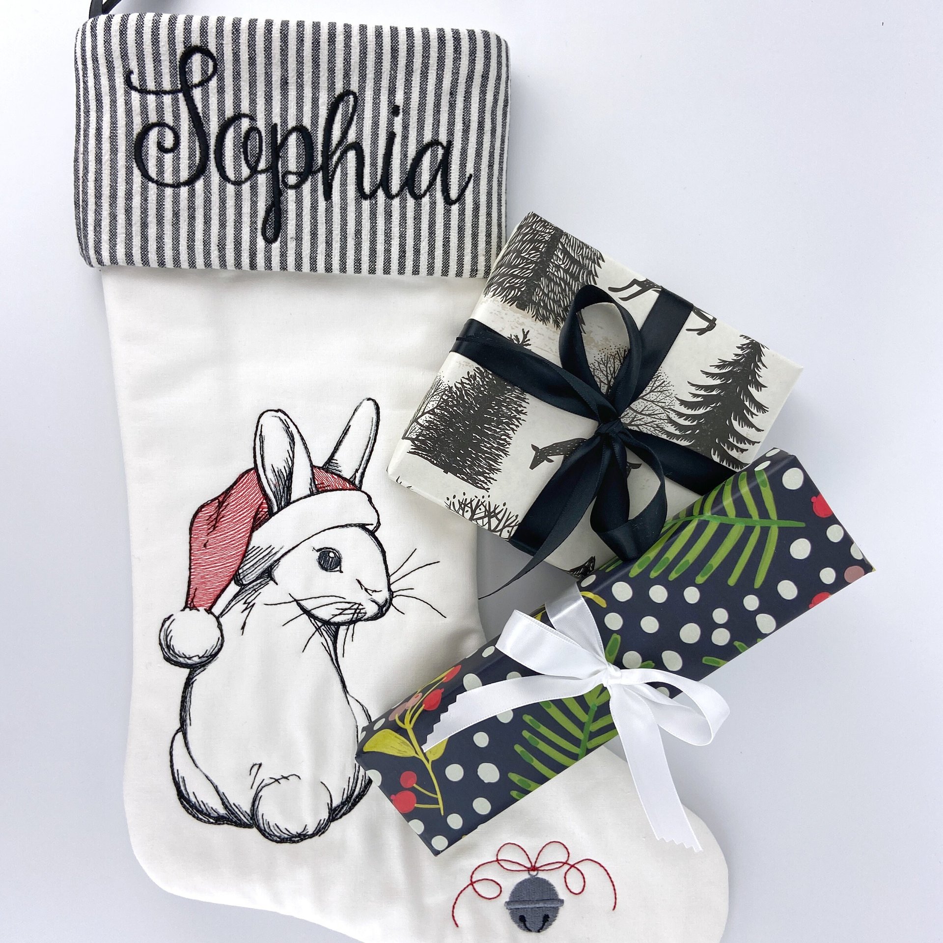 Personalized Christmas Stocking, Embroidered with Bunny and Santa Hat and Your Choice of Name