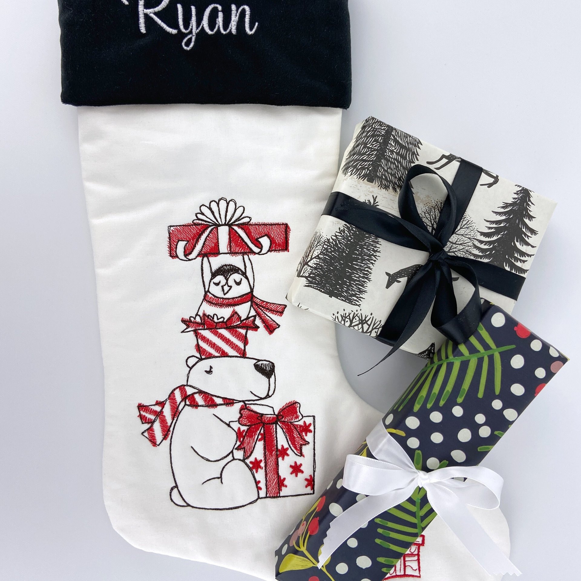 Personalized Christmas Stocking, Embroidered with Bear and Penguin and Your Choice of Name