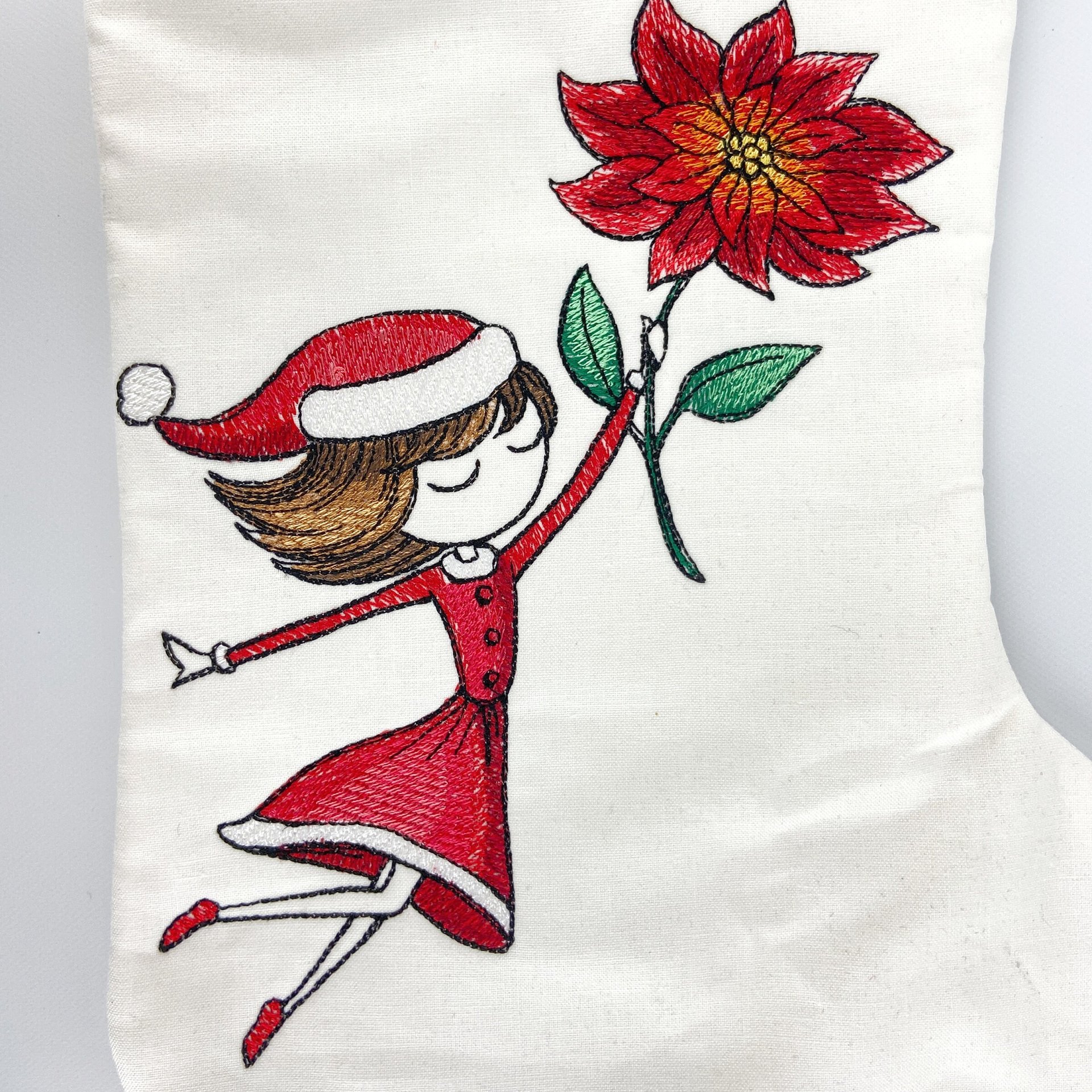 Personalized Embroidered Christmas Stocking, Girl and Poinsettia, Keepsake Family Stocking