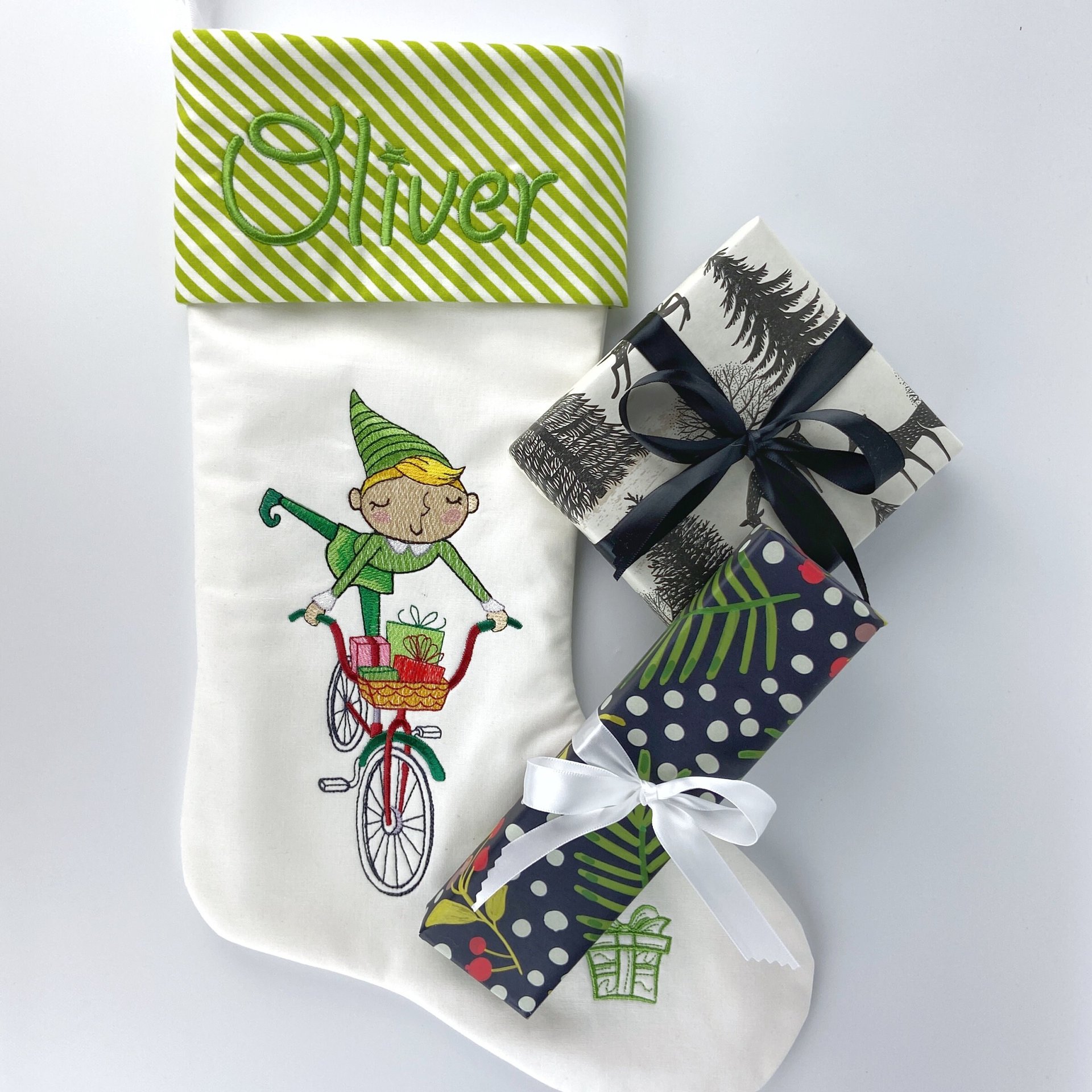Personalized Christmas Stocking, Embroidered Elf on Bike, Handmade Cotton