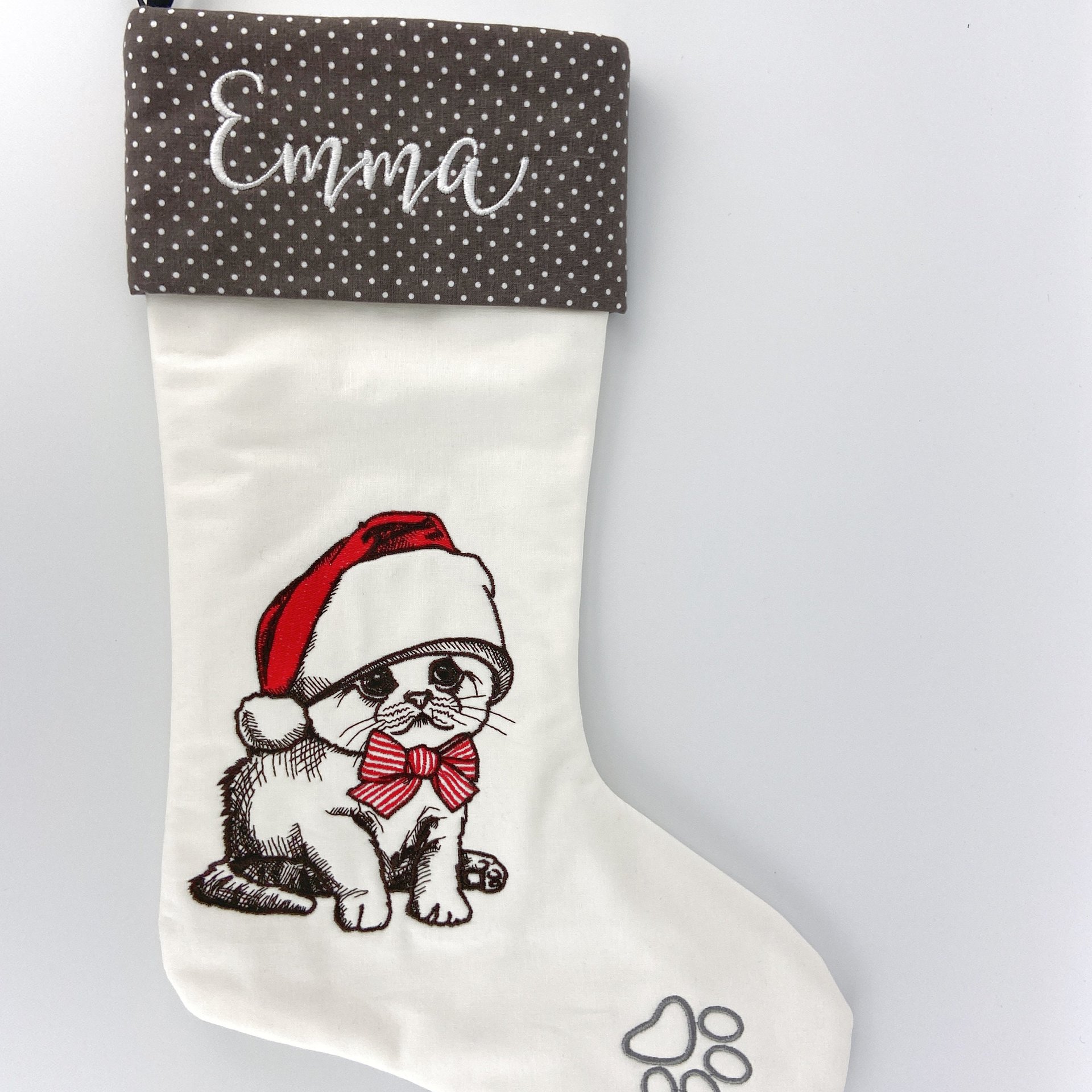 Personalized Christmas Stocking, Embroidered with Sweet Kitten and Your Choice of Name