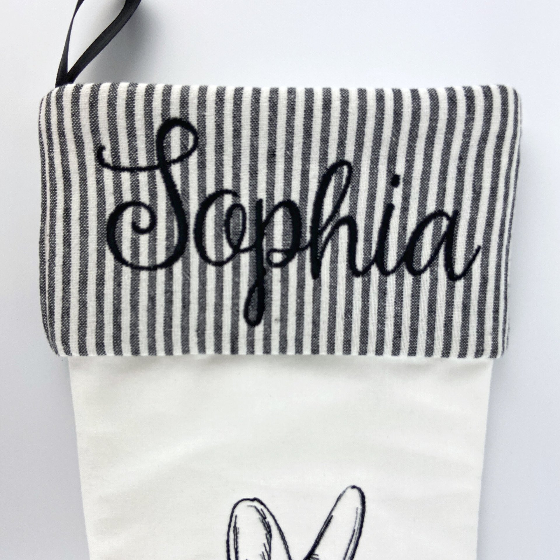 Personalized Christmas Stocking, Embroidered with Bunny and Santa Hat and Your Choice of Name