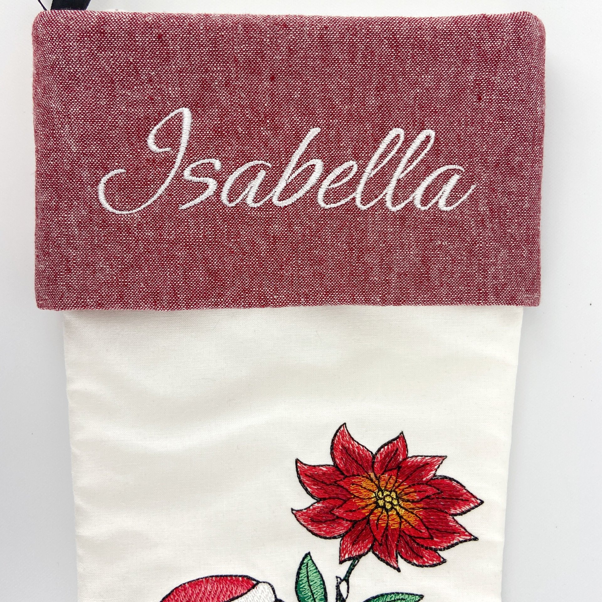 Personalized Embroidered Christmas Stocking, Girl and Poinsettia, Keepsake Family Stocking