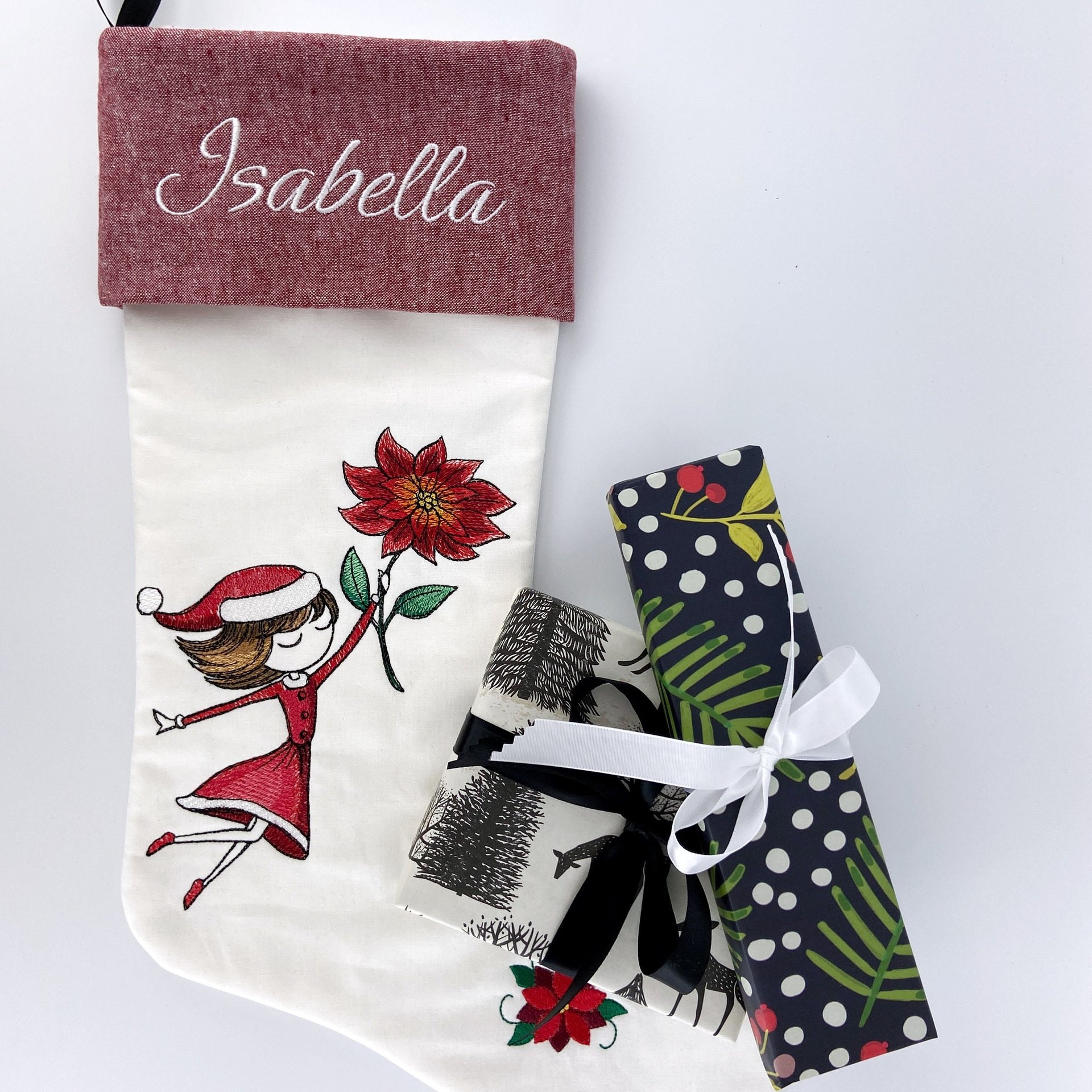 Personalized Embroidered Christmas Stocking, Girl and Poinsettia, Keepsake Family Stocking
