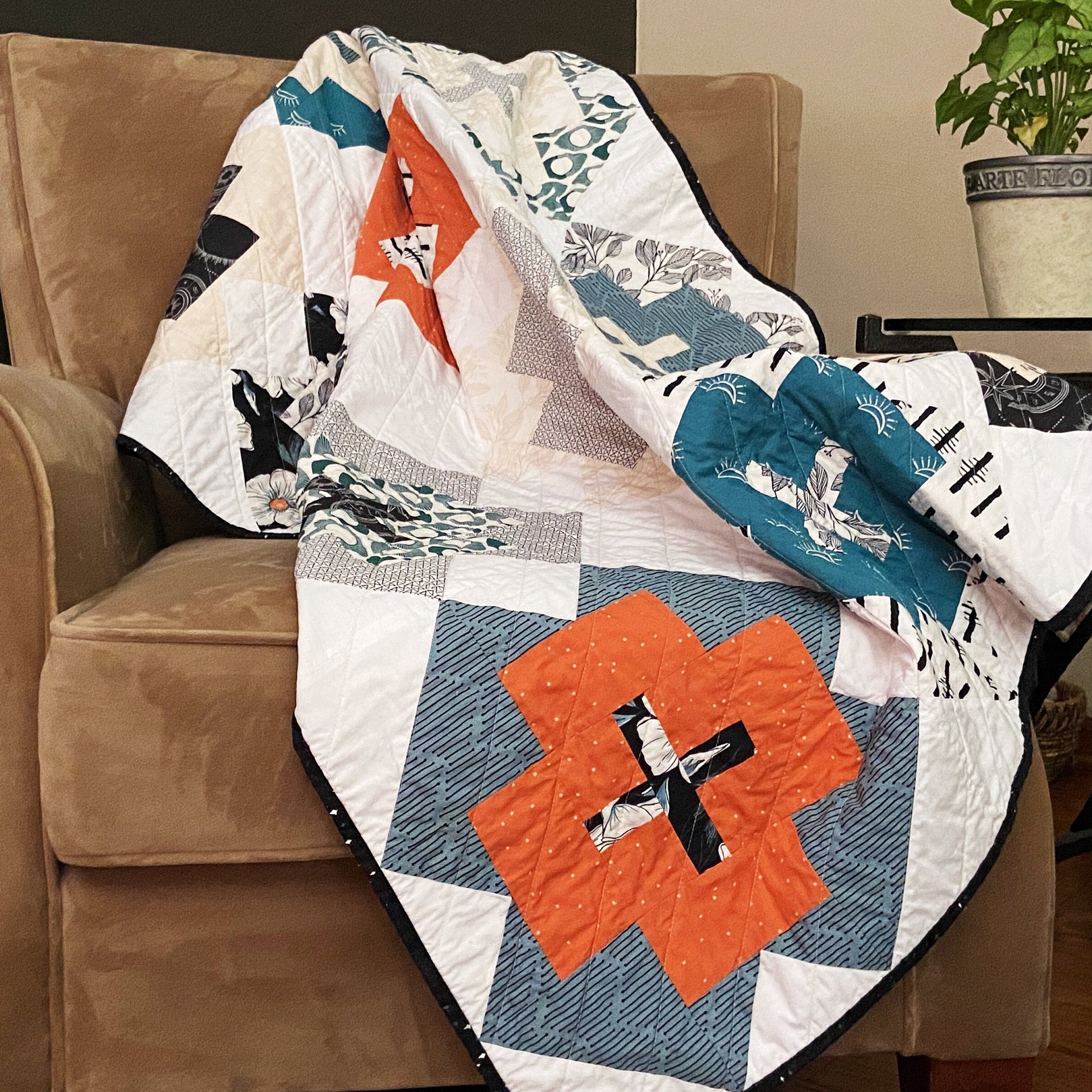 Handmade Modern Quilt and Pillow Set, Nurse's Cross Design, 44 X 58 with Large Matching Square Pillow