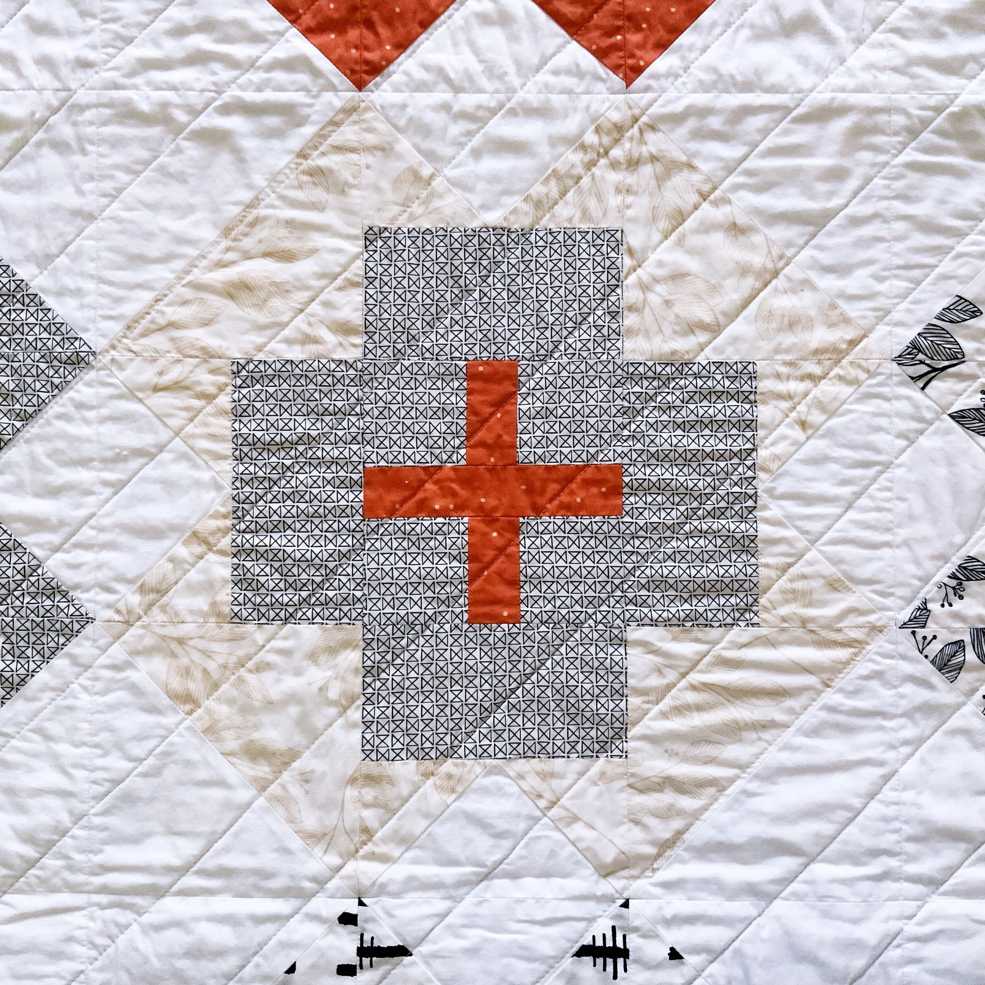 Handmade Modern Quilt and Pillow Set, Nurse's Cross Design, 44 X 58 with Large Matching Square Pillow