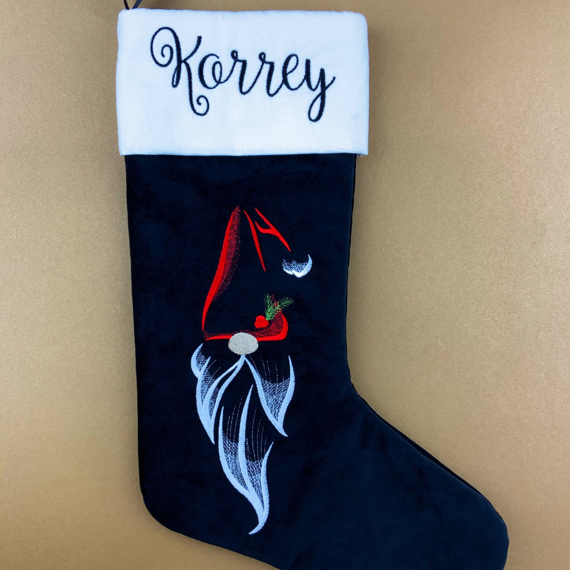Personalized Christmas Stocking, Embroidered with Gnome in Santa Hat and Your Choice of Name