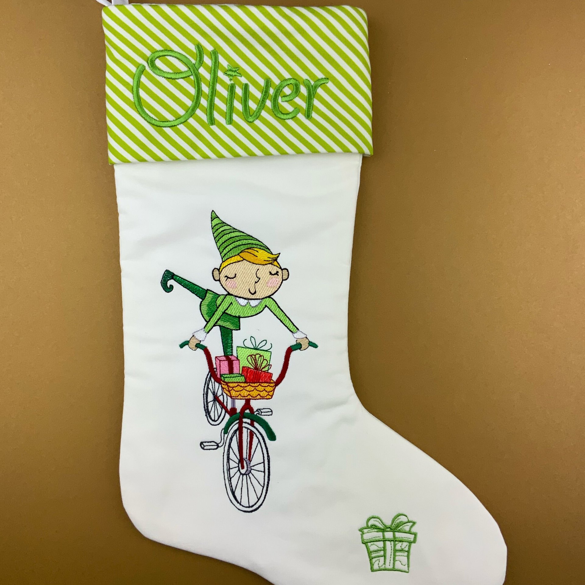 Personalized Christmas Stocking, Embroidered Elf on Bike, Handmade Cotton