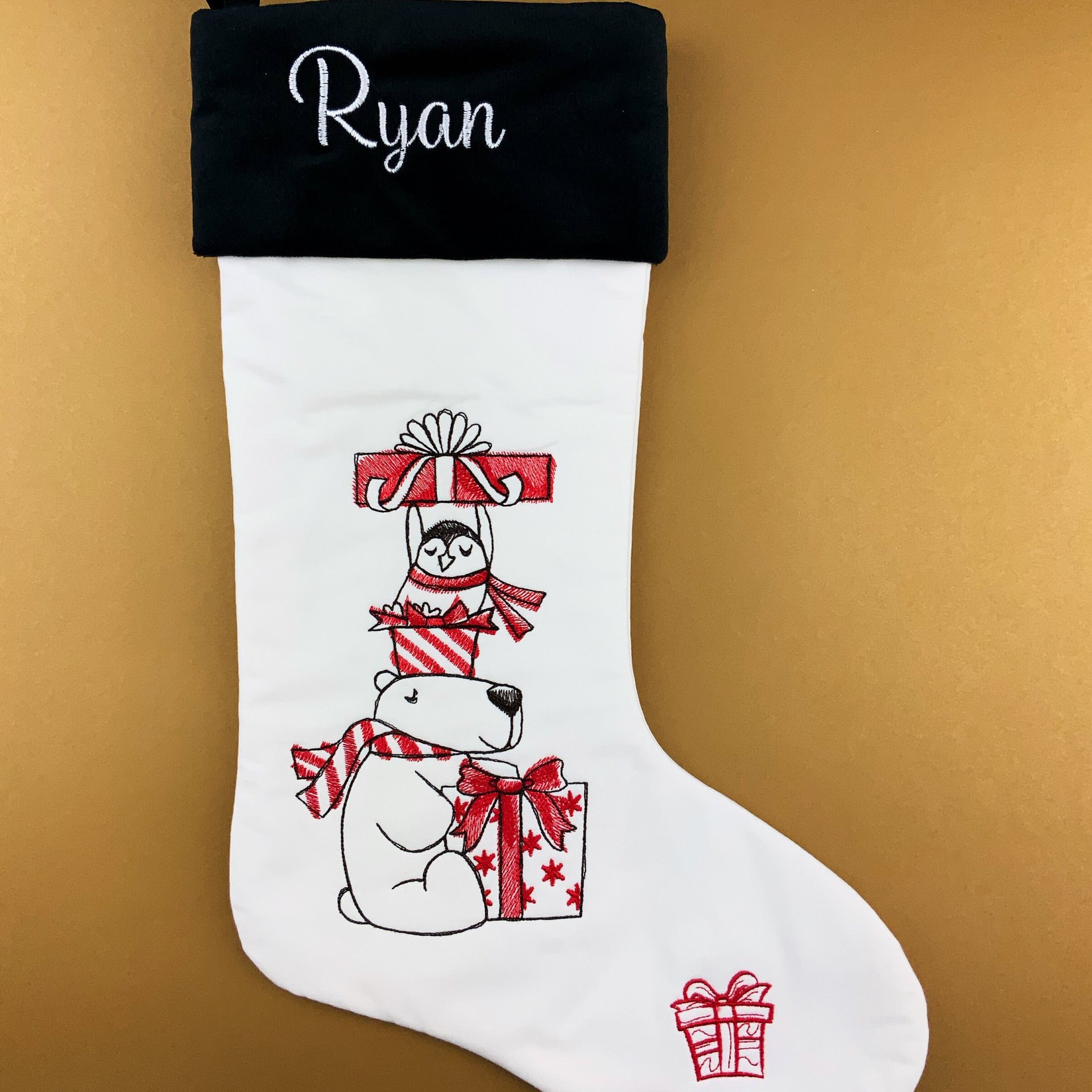 Personalized Christmas Stocking, Embroidered with Bear and Penguin and Your Choice of Name