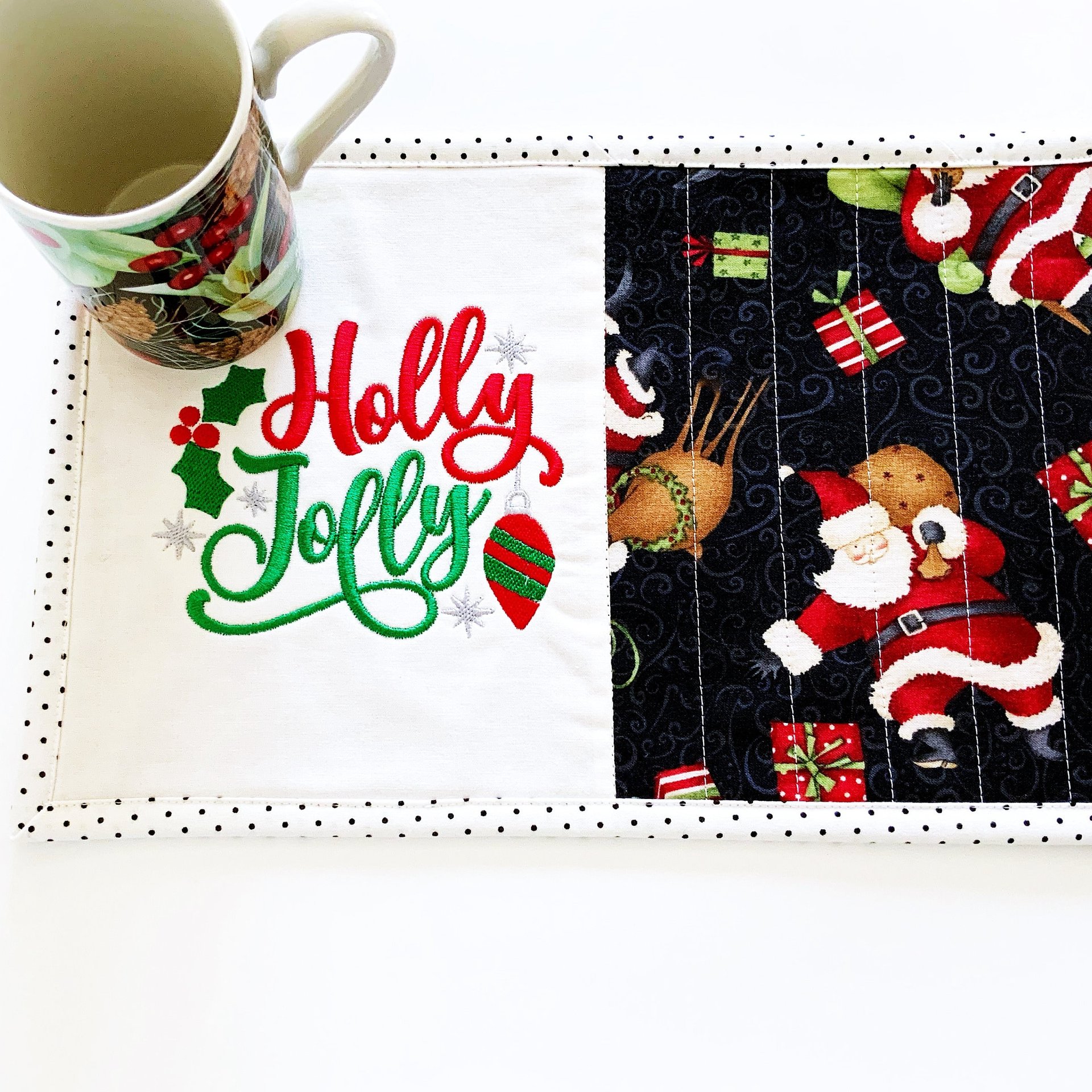 Embroidered Christmas Mug Rug, Holiday Snack Placemat