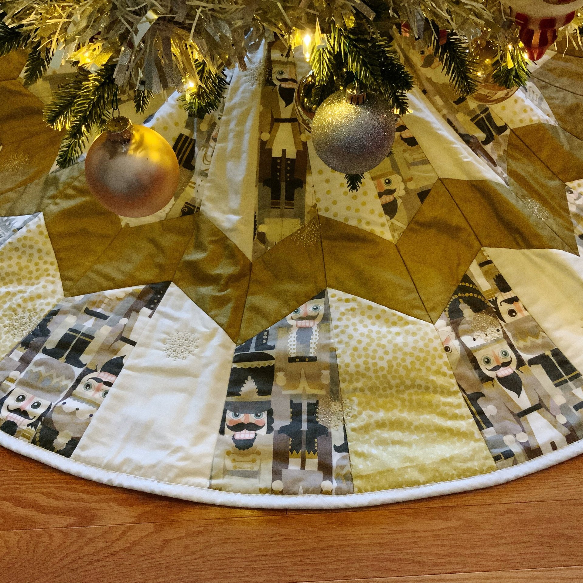 Quilted Christmas Tree Skirt, Nutcracker Fabric, Gold Metallic Snowflakes, 58"