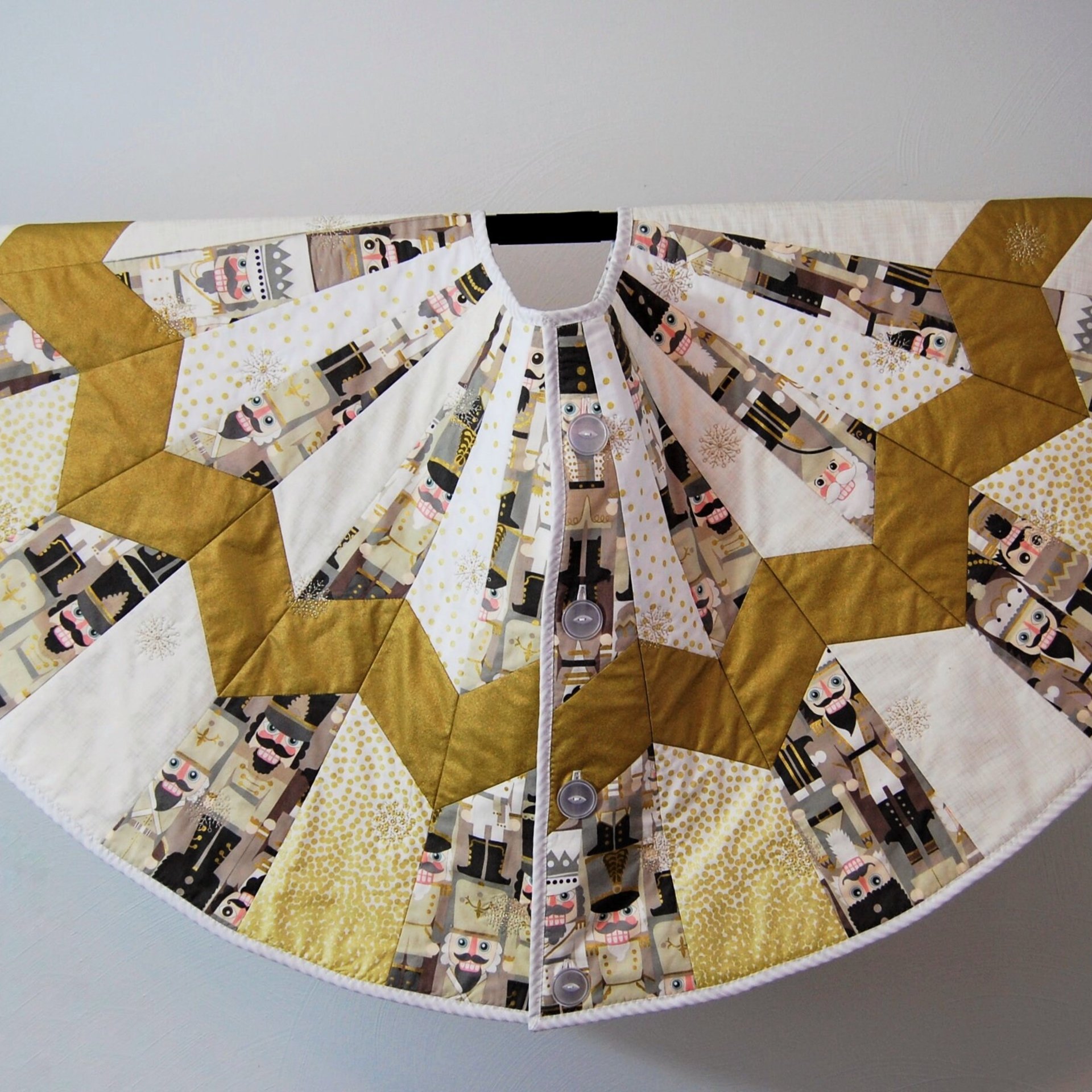 Quilted Christmas Tree Skirt, Nutcracker Fabric, Gold Metallic Snowflakes, 58"