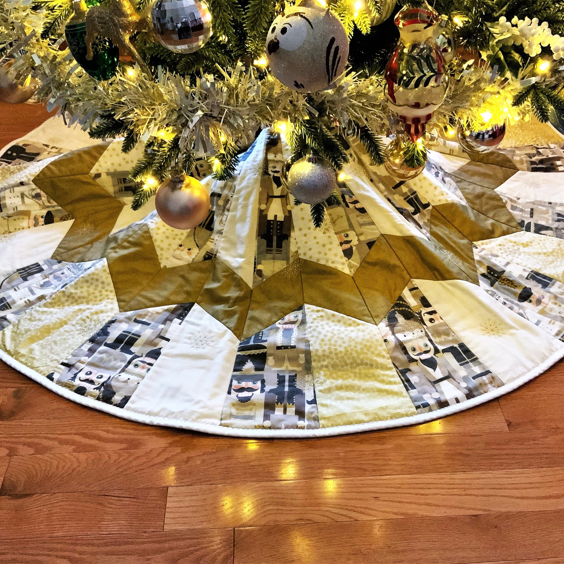 Quilted Christmas Tree Skirt, Nutcracker Fabric, Gold Metallic Snowflakes, 58"