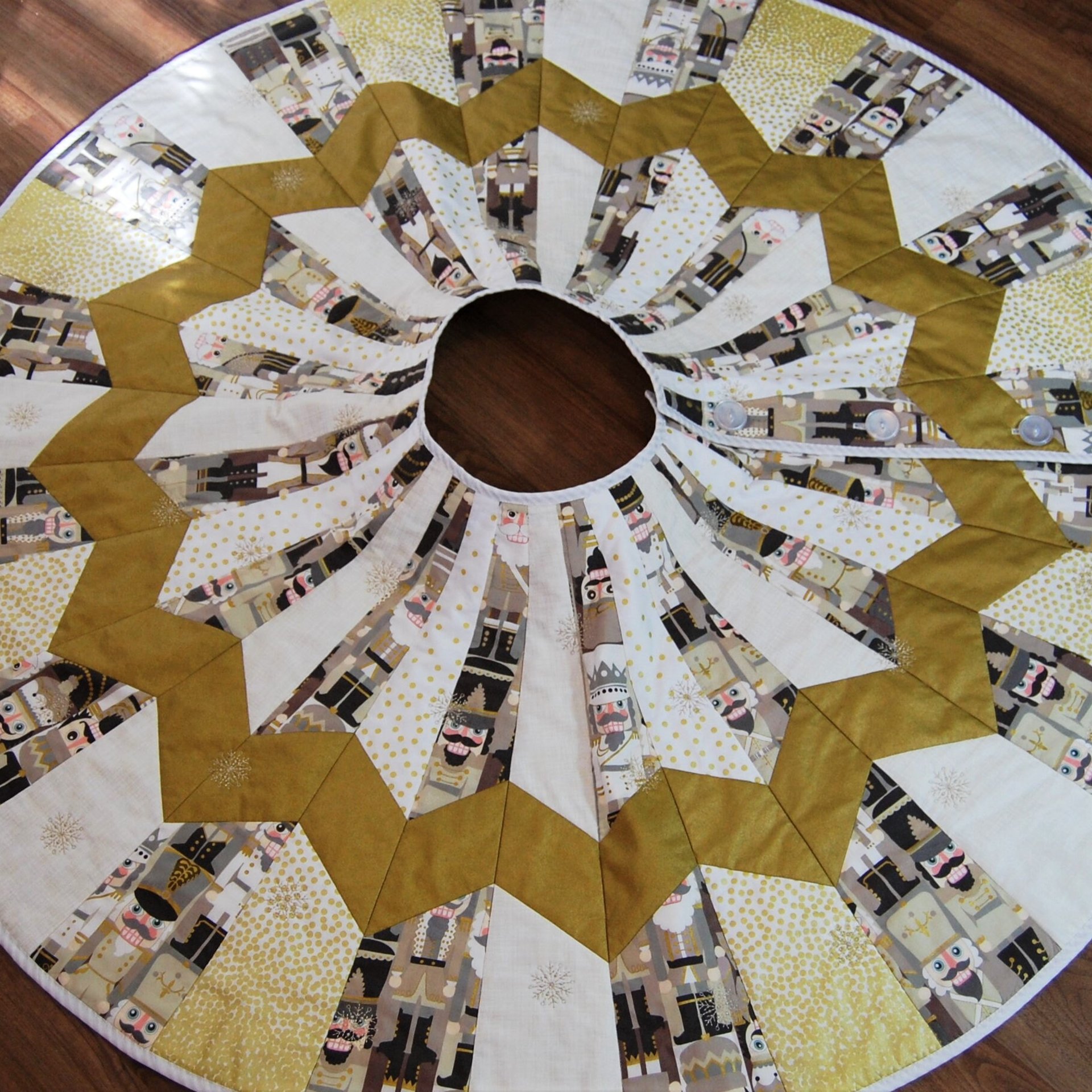 Quilted Christmas Tree Skirt, Nutcracker Fabric, Gold Metallic Snowflakes, 58"