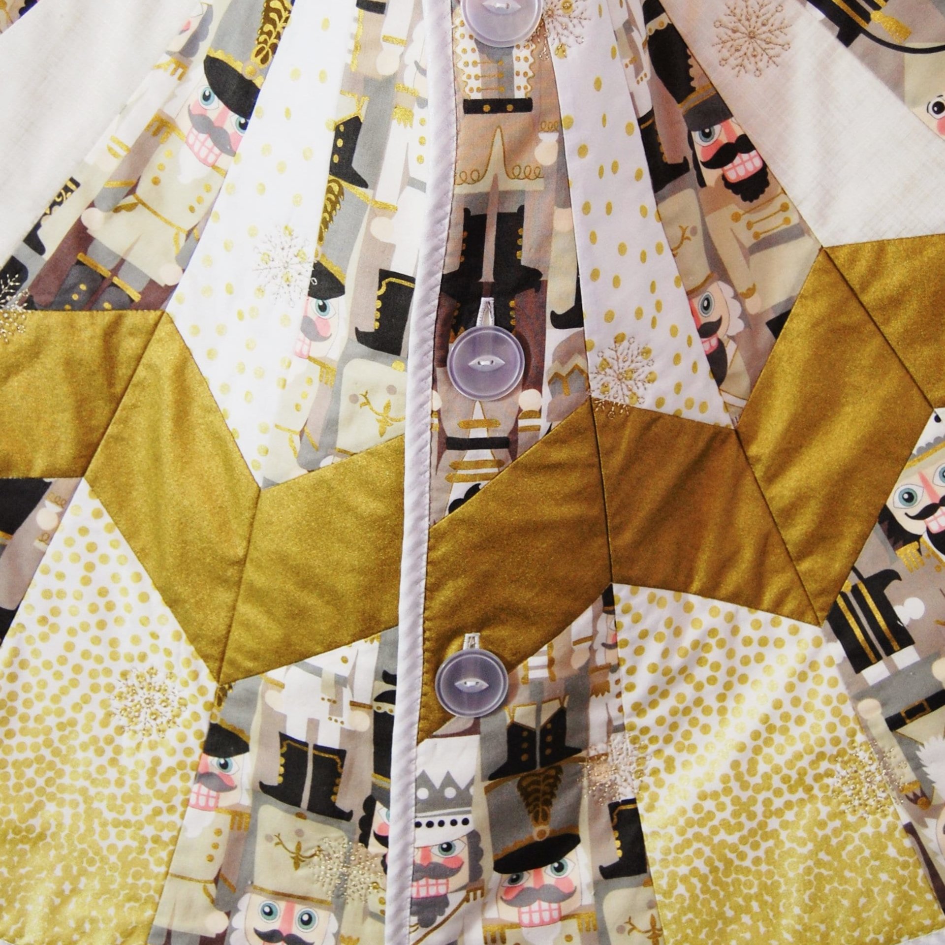 Quilted Christmas Tree Skirt, Nutcracker Fabric, Gold Metallic Snowflakes, 58"