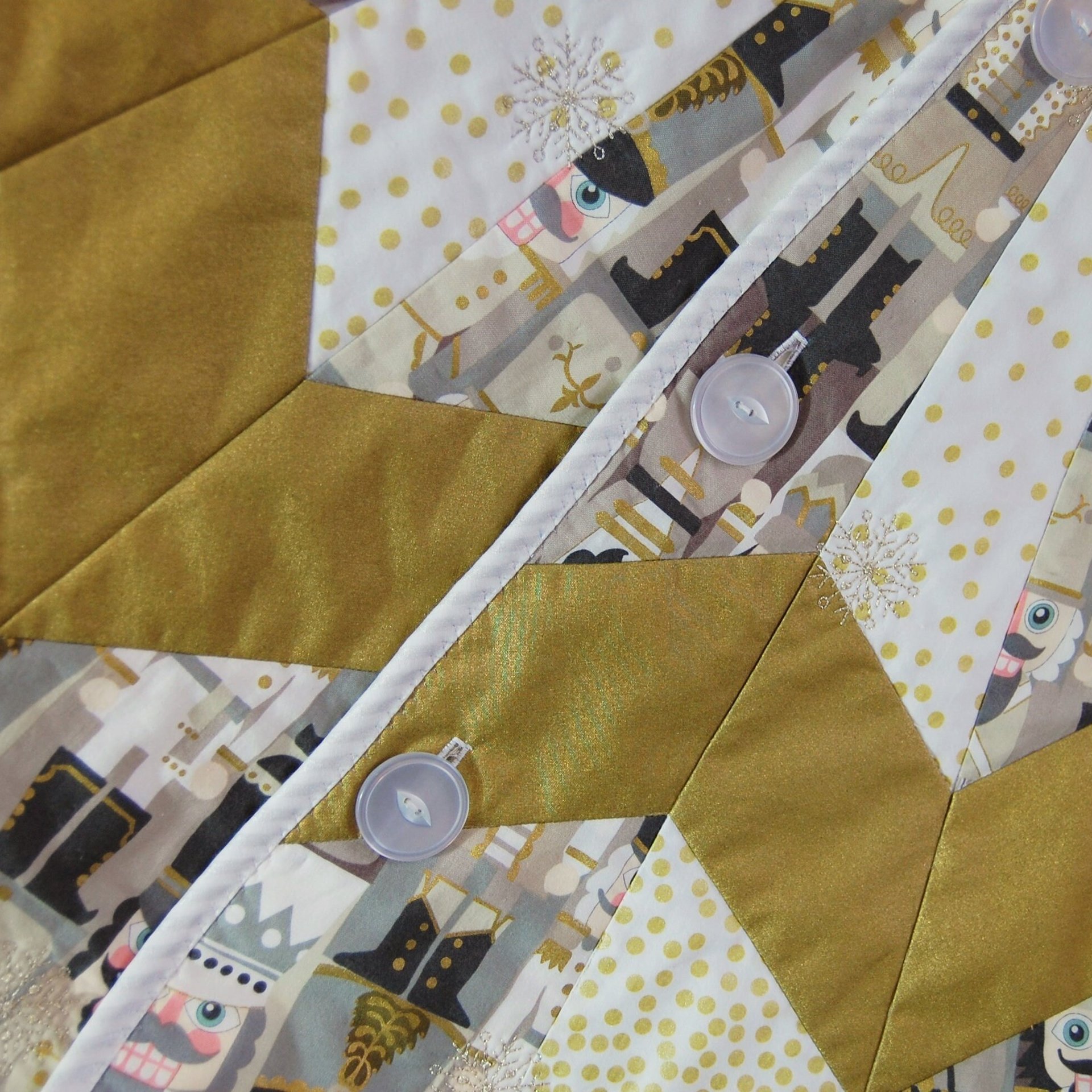 Quilted Christmas Tree Skirt, Nutcracker Fabric, Gold Metallic Snowflakes, 58"