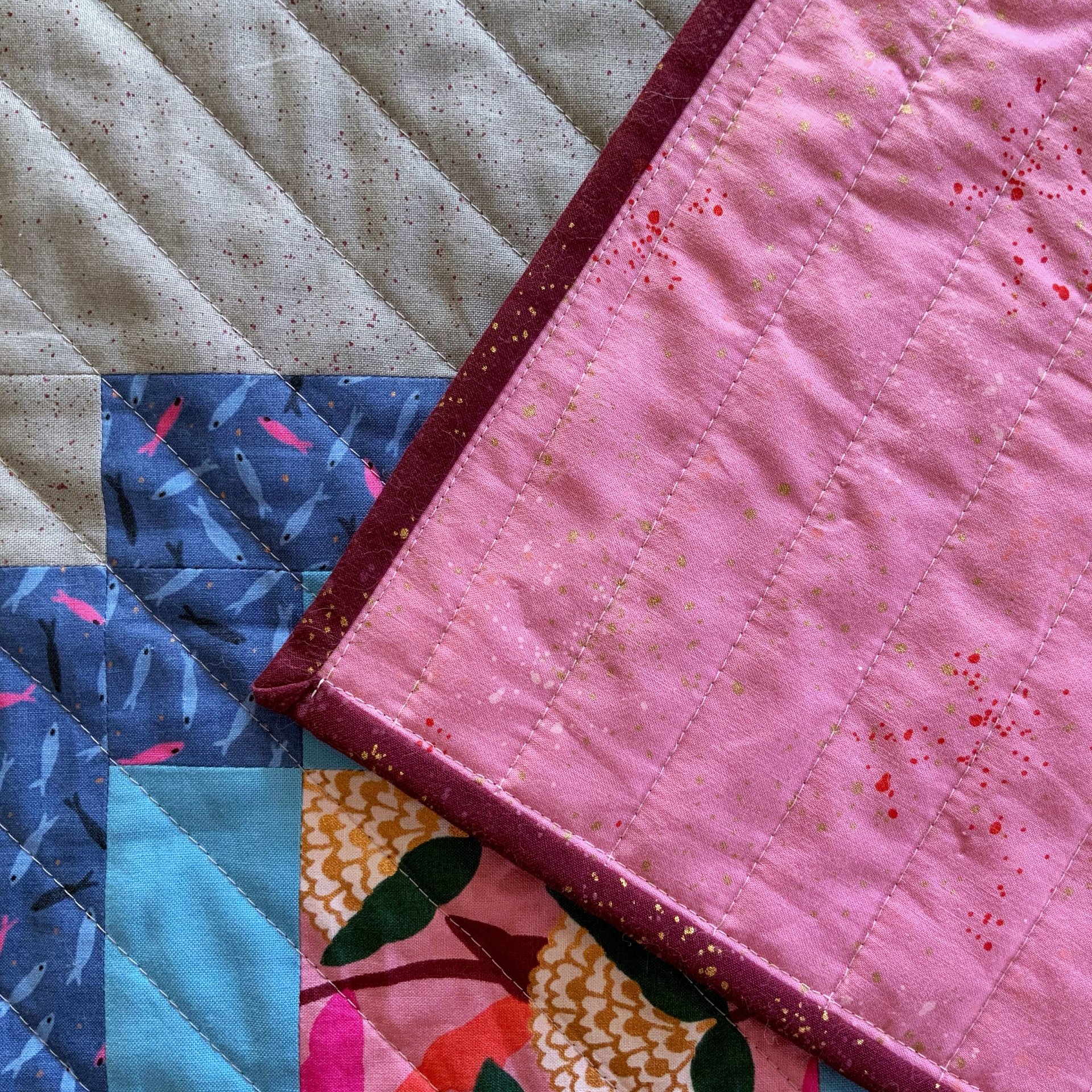 Handmade Quilt, Modern Patchwork, Vibrant Colors, Pinks and Purples, 54 X 63