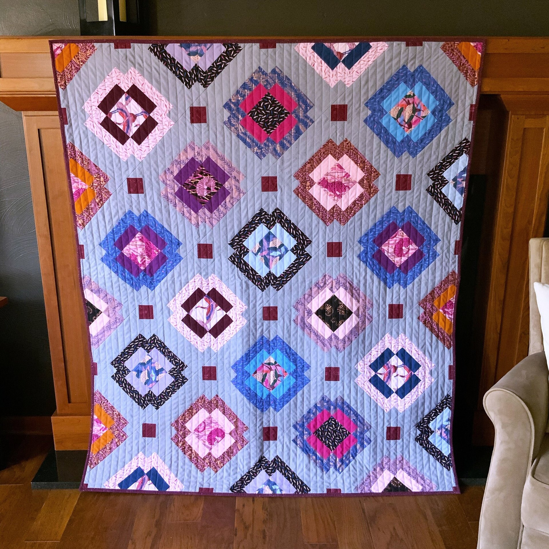 Handmade Quilt, Modern Patchwork, Vibrant Colors, Pinks and Purples, 54 X 63