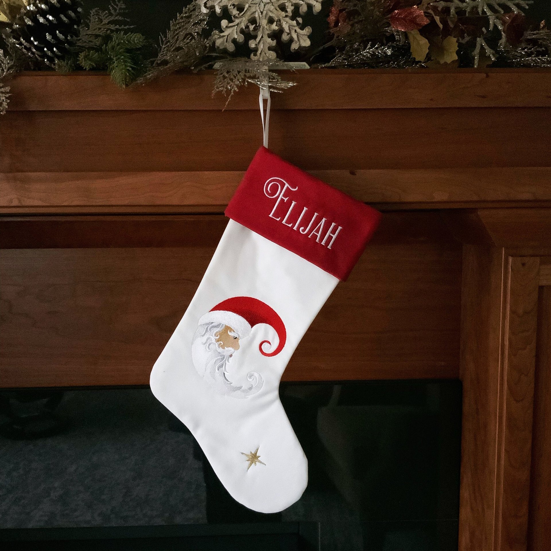 Personalized Christmas Stocking, Embroidered Santa Moon and Star