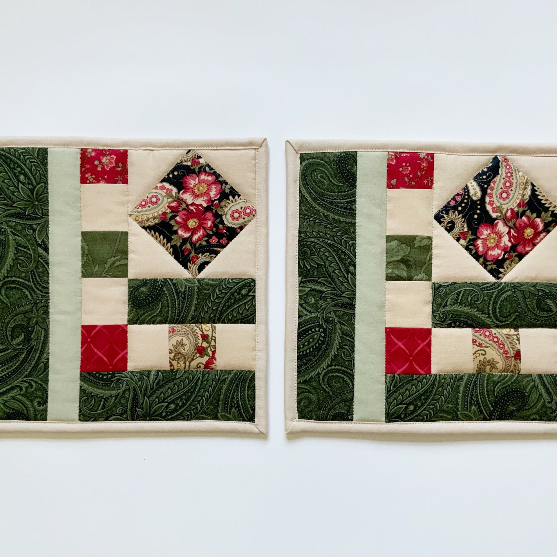 Quilted Potholders, Set of 2, Handmade Hot Pads, Green & Red Paisley