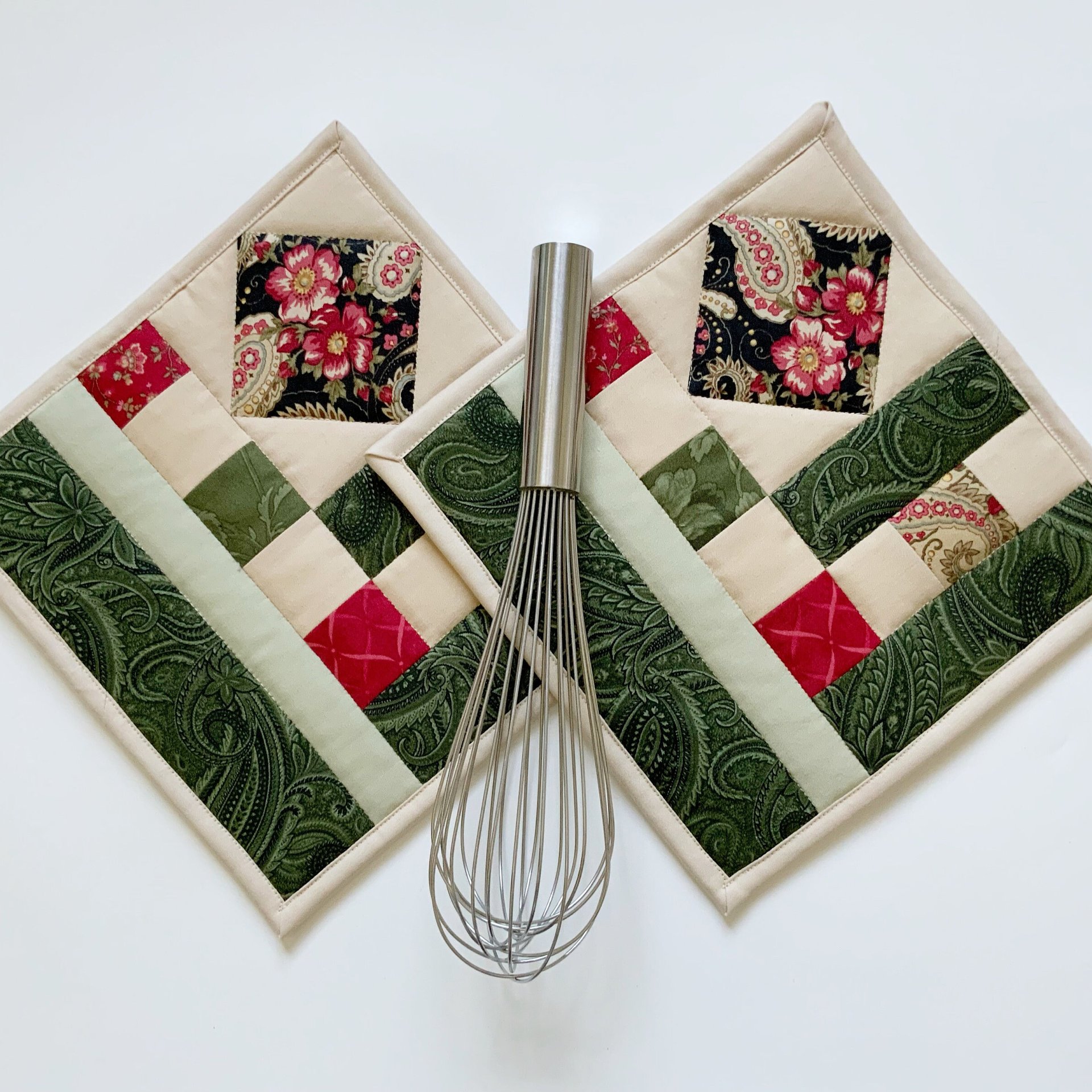 Quilted Potholders, Set of 2, Handmade Hot Pads, Green & Red Paisley