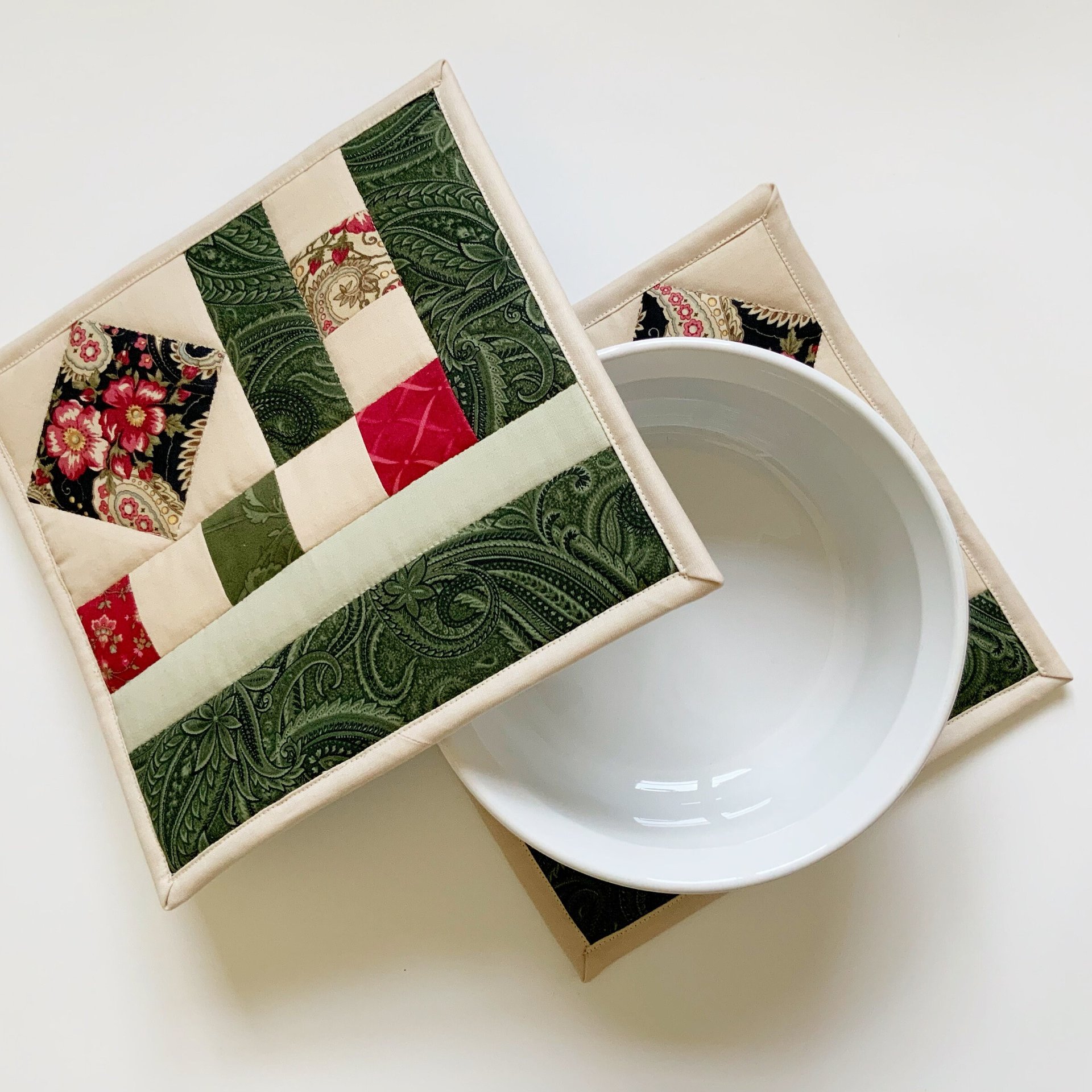 Quilted Potholders, Set of 2, Handmade Hot Pads, Green & Red Paisley