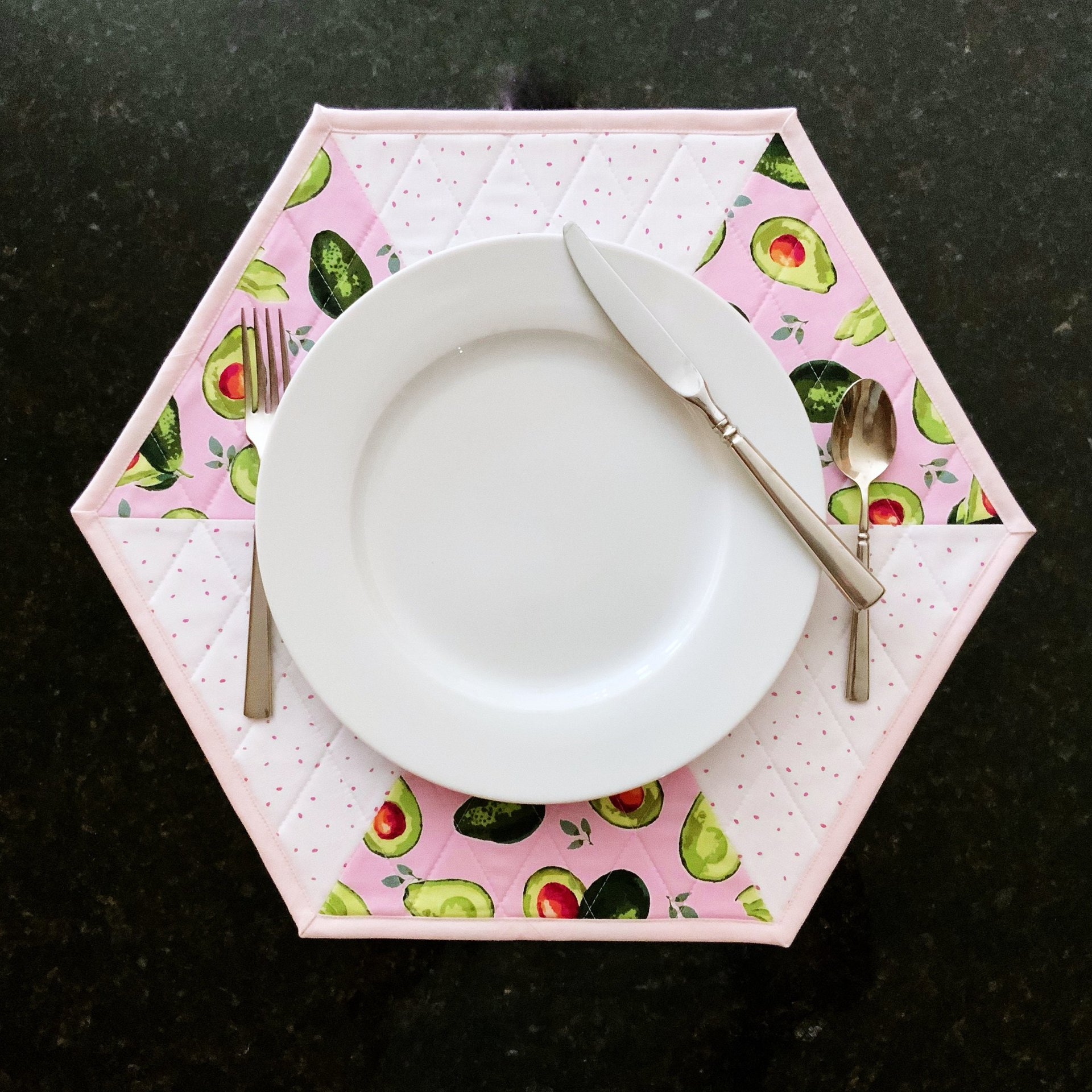 Placemats, Quilted Pink and White with Avocados and Dots, Perfect for Round Tables, Set of Two Hexagon-Shaped Table Mats