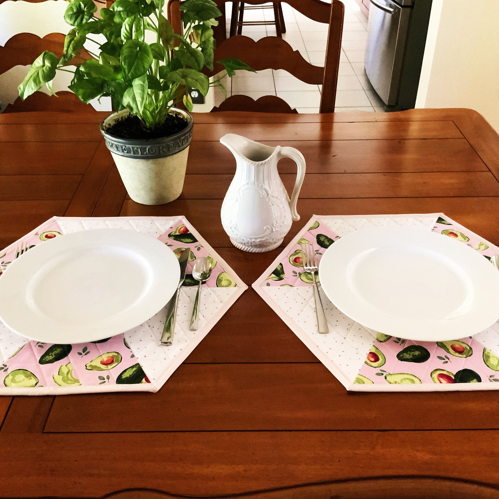 Placemats, Quilted Pink and White with Avocados and Dots, Perfect for Round Tables, Set of Two Hexagon-Shaped Table Mats