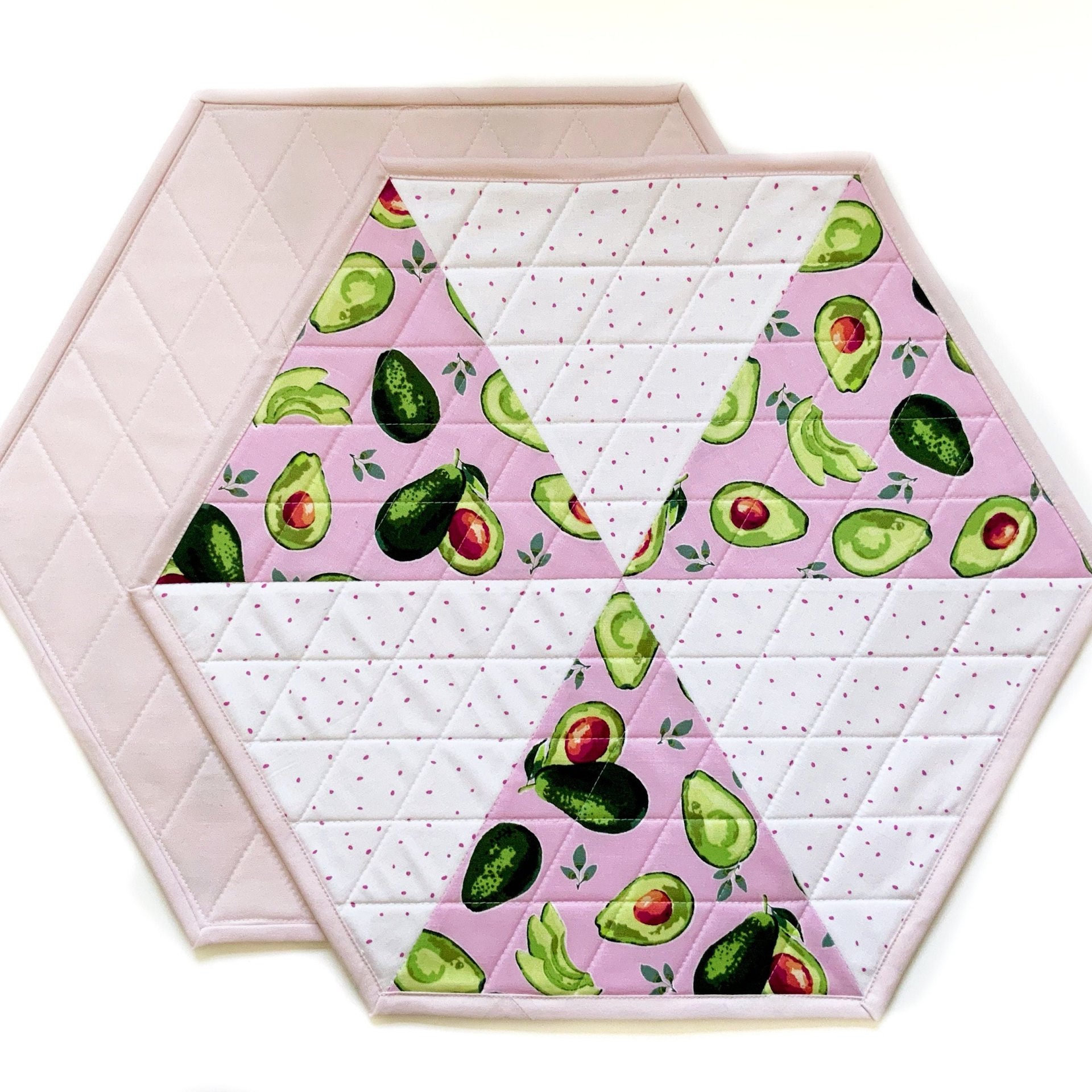 Placemats, Quilted Pink and White with Avocados and Dots, Perfect for Round Tables, Set of Two Hexagon-Shaped Table Mats