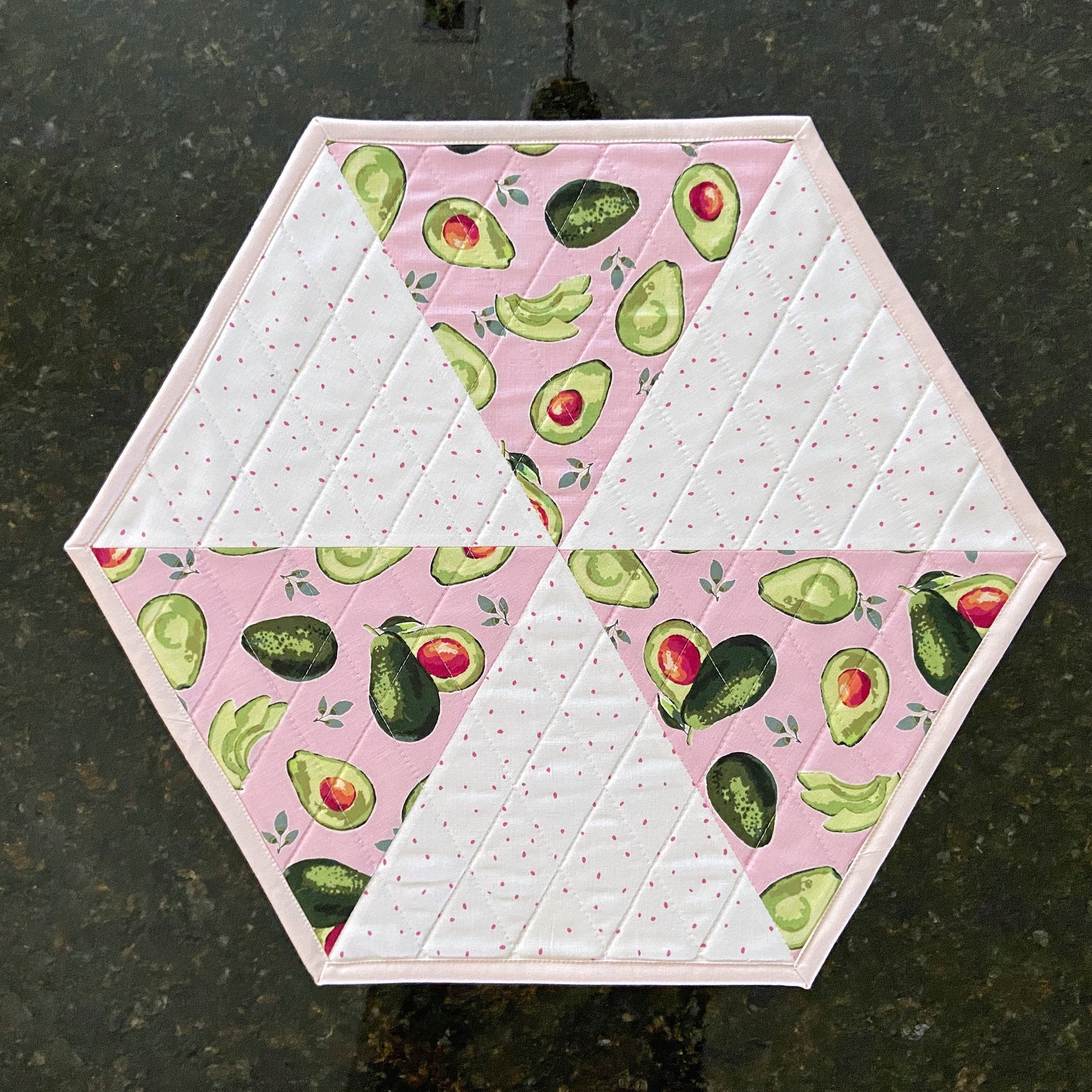 Placemats, Quilted Pink and White with Avocados and Dots, Perfect for Round Tables, Set of Two Hexagon-Shaped Table Mats