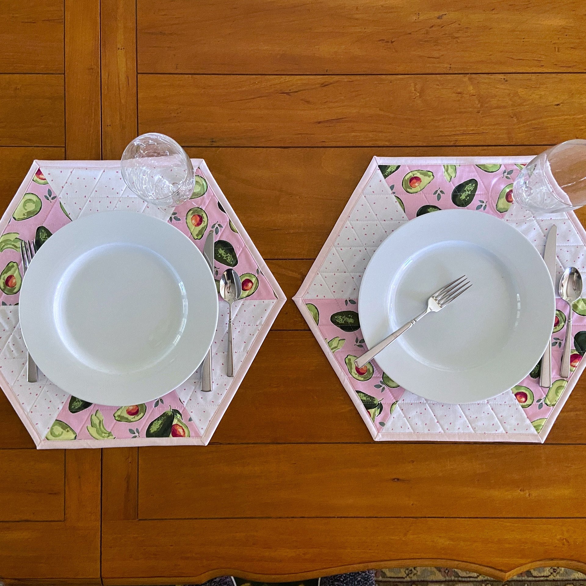 Placemats, Quilted Pink and White with Avocados and Dots, Perfect for Round Tables, Set of Two Hexagon-Shaped Table Mats
