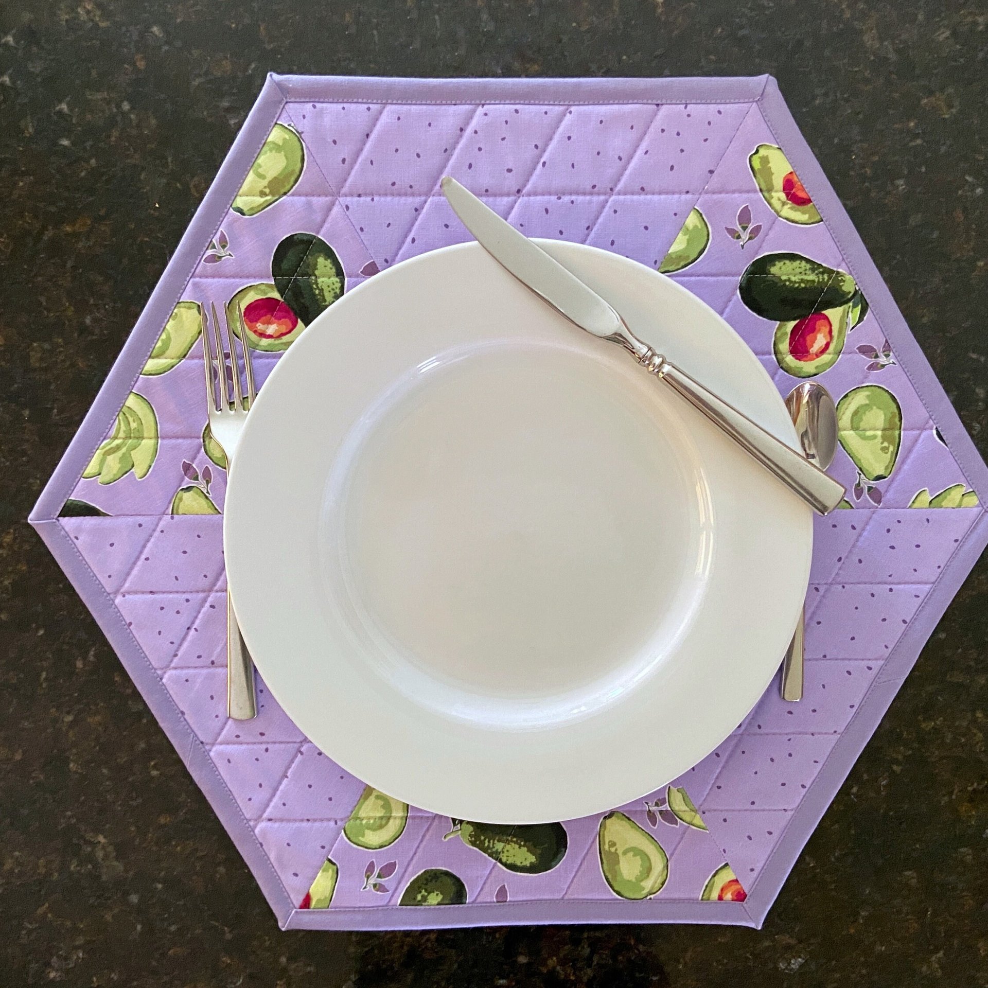 Handmade Purple Avocado Placemats, Hexagon Table Mats, Set of Two