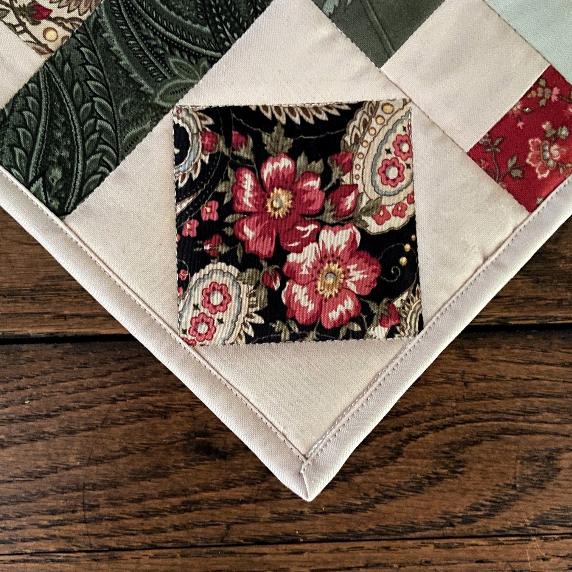 Quilted Potholders, Set of 2, Handmade Hot Pads, Green & Red Paisley