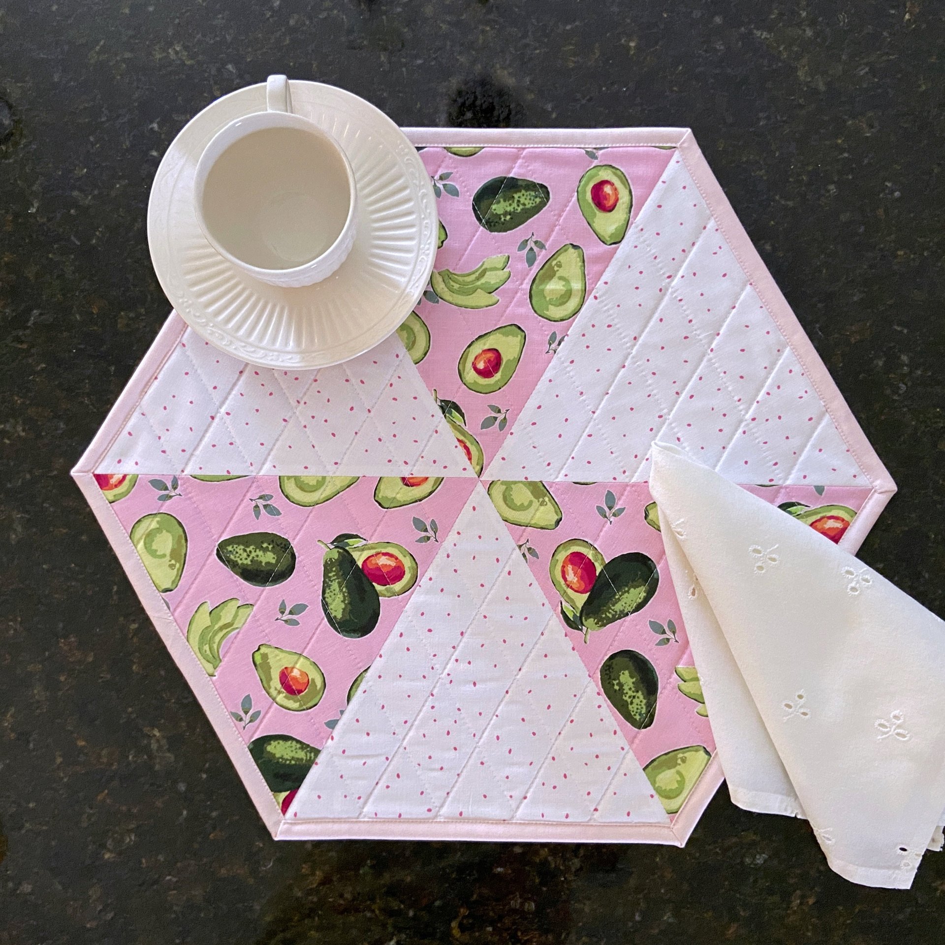 Placemats, Quilted Pink and White with Avocados and Dots, Perfect for Round Tables, Set of Two Hexagon-Shaped Table Mats