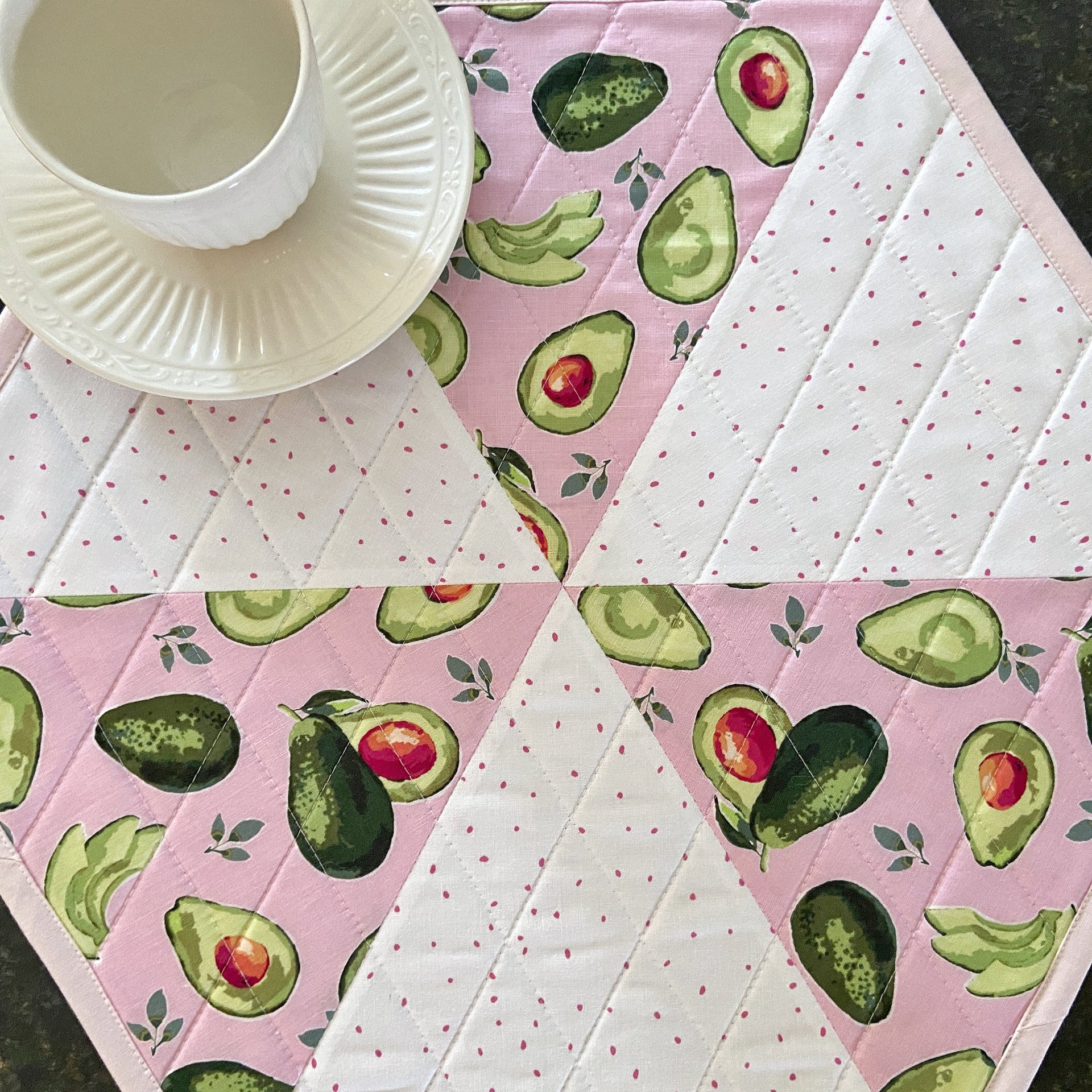 Placemats, Quilted Pink and White with Avocados and Dots, Perfect for Round Tables, Set of Two Hexagon-Shaped Table Mats