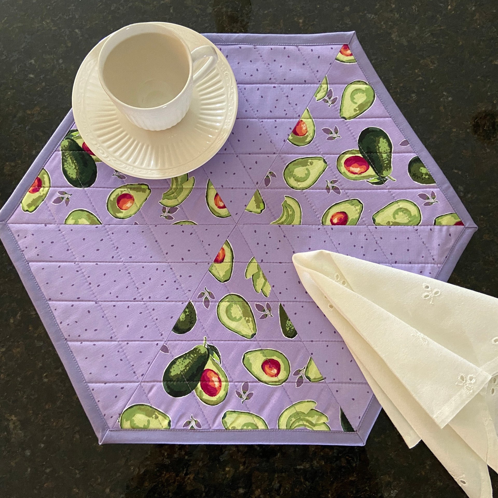 Handmade Purple Avocado Placemats, Hexagon Table Mats, Set of Two