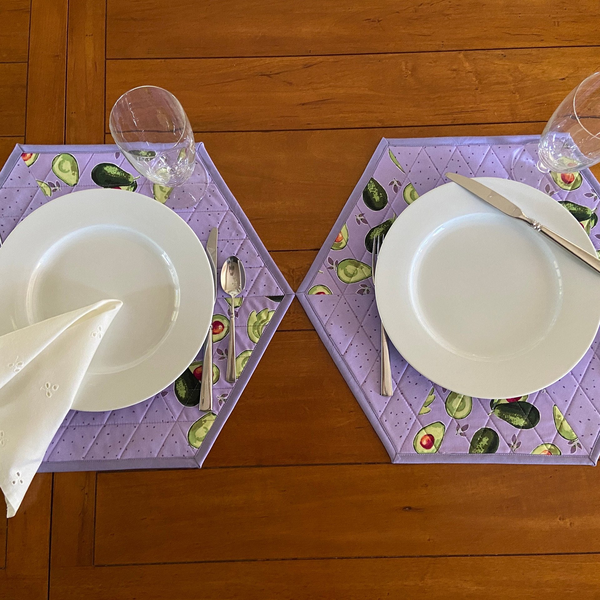 Handmade Purple Avocado Placemats, Hexagon Table Mats, Set of Two