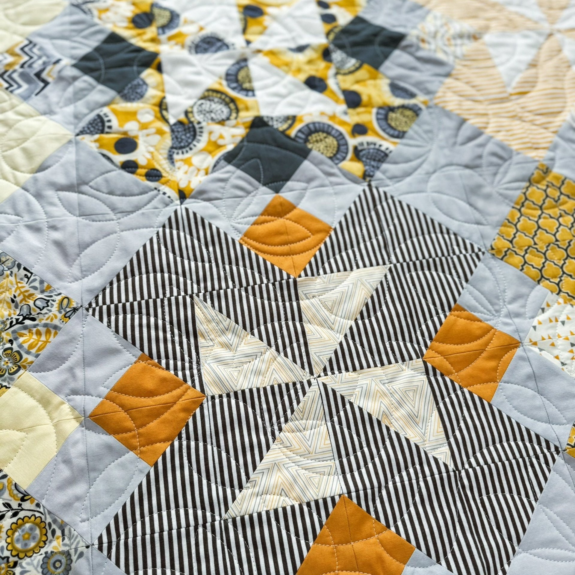Handmade Quilt, Scrappy Modern Throw in Yellow and Gray, Gender Neutral Gift, 56 X 70