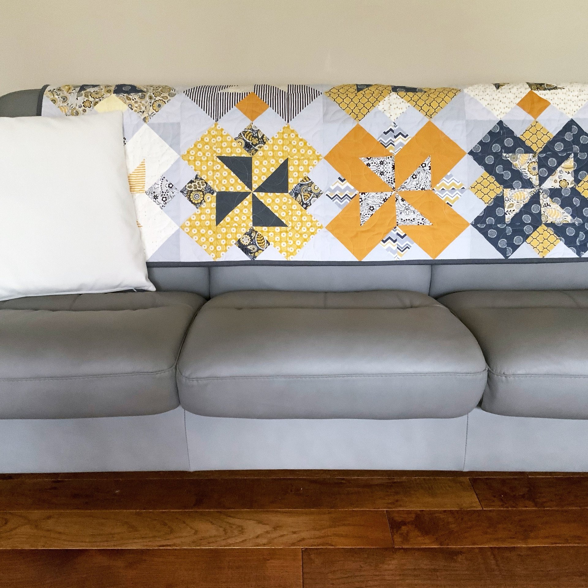 Handmade Quilt, Scrappy Modern Throw in Yellow and Gray, Gender Neutral Gift, 56 X 70