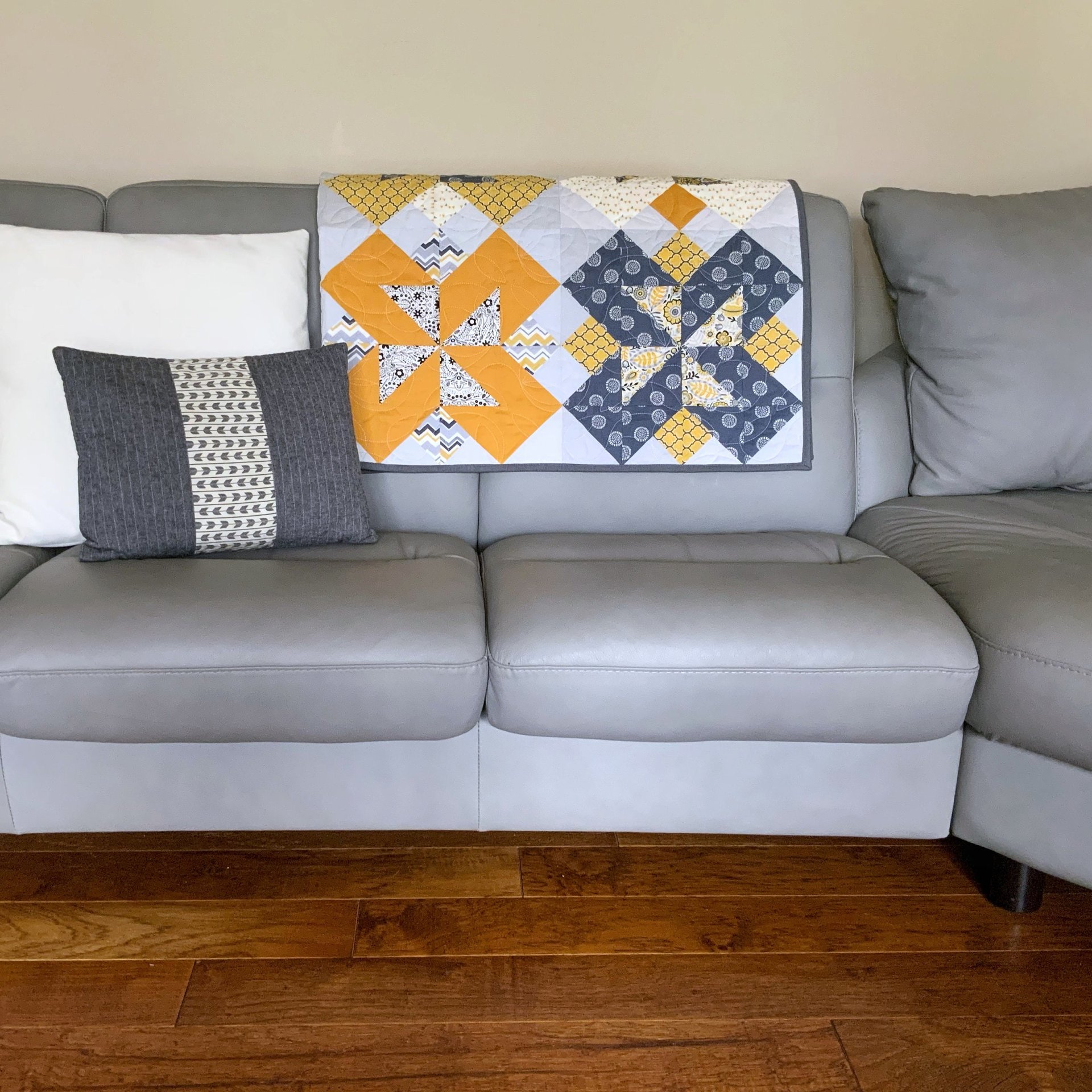 Handmade Quilt, Scrappy Modern Throw in Yellow and Gray, Gender Neutral Gift, 56 X 70