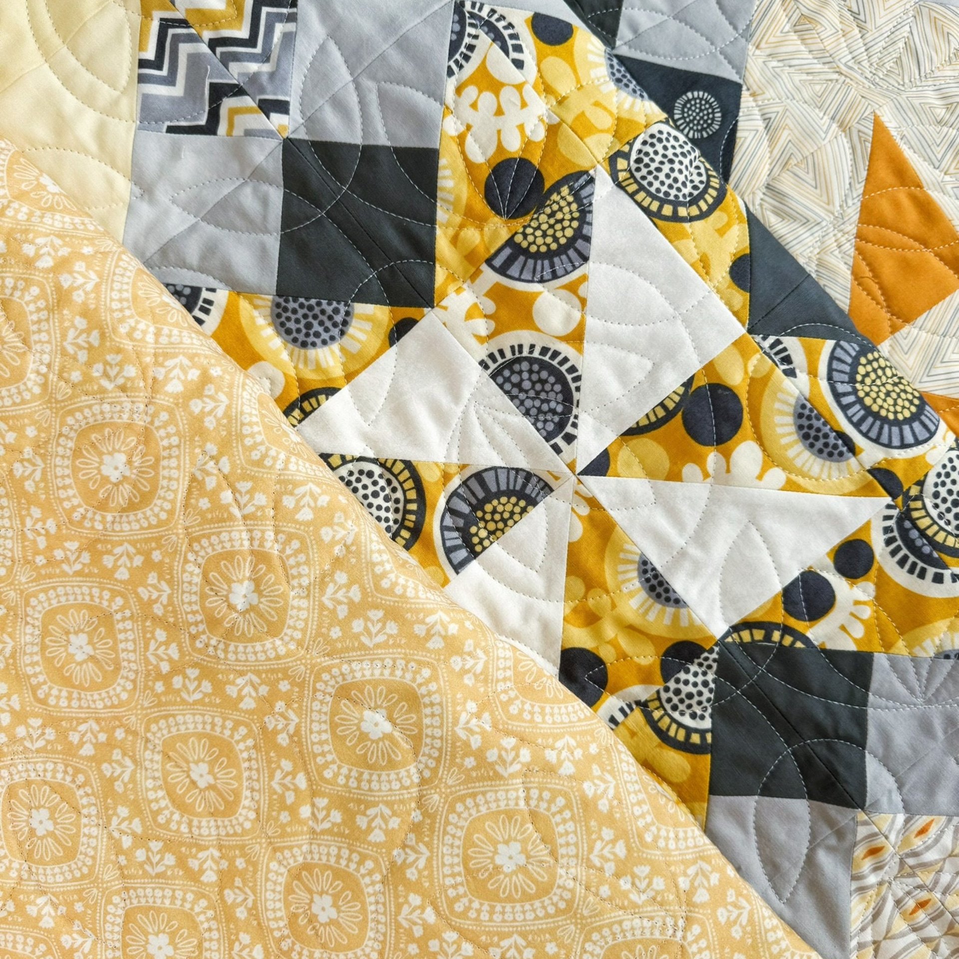 Handmade Quilt, Scrappy Modern Throw in Yellow and Gray, Gender Neutral Gift, 56 X 70
