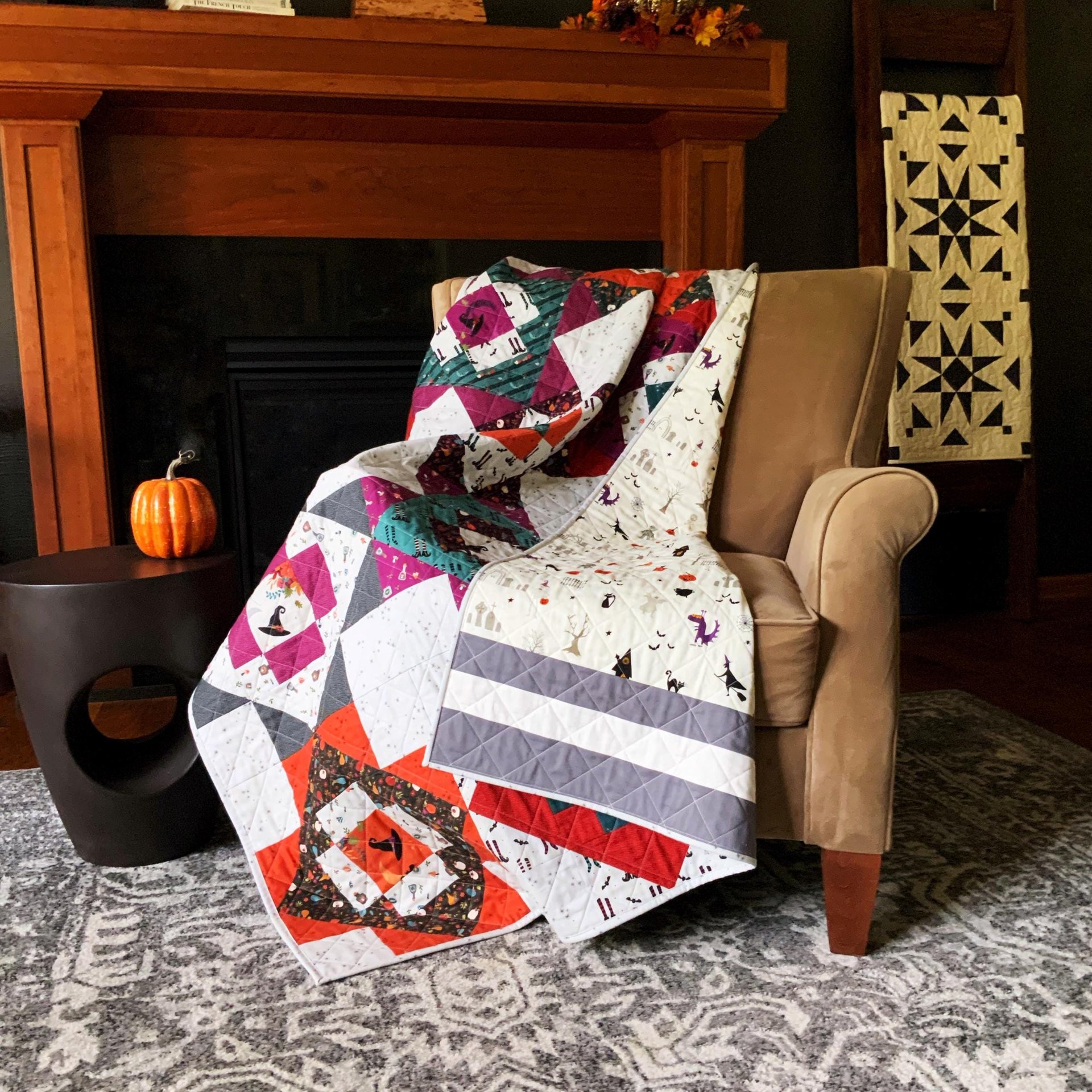 Halloween Quilt, Modern Handmade Throw Quilt, Perfect for Fall Holiday Home Decor, 48 X 64