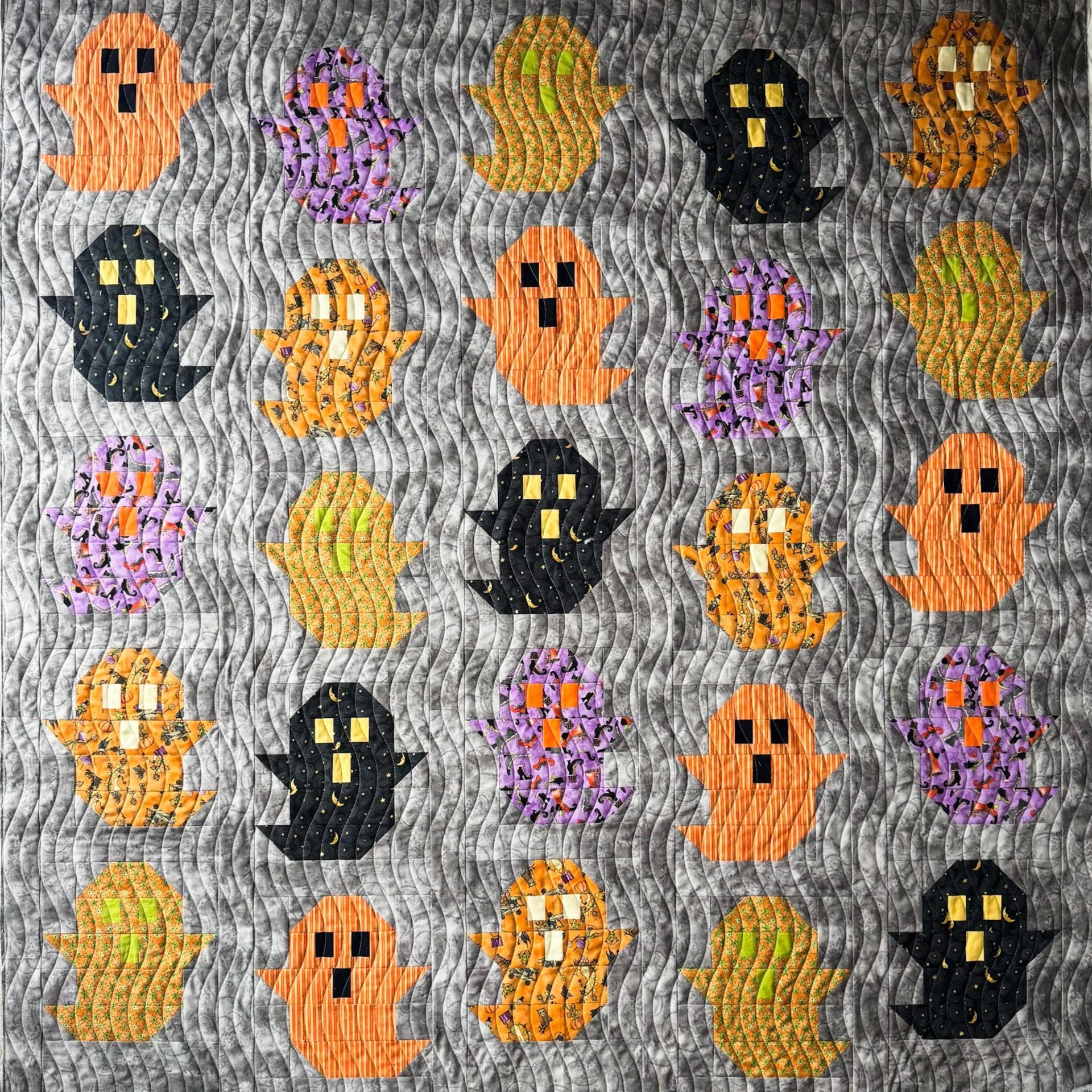 Handmade Quilt, Halloween, Modern Ghost Throw, Spooky Fall Decor, 62 X 64
