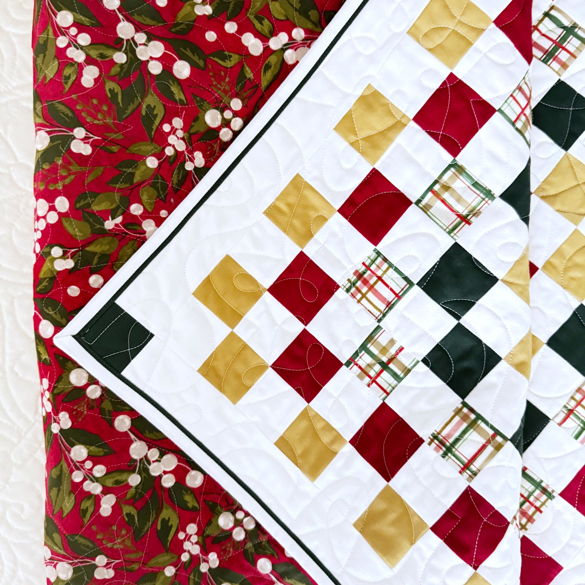 Handmade Christmas Quilt, Christmas Holiday Colors, Large Throw, 55 X 72